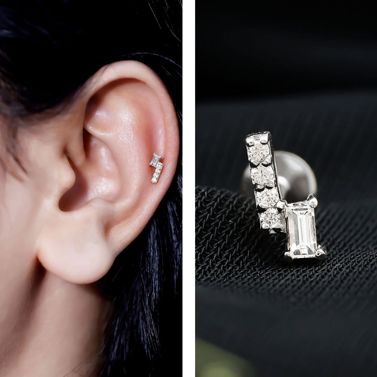 Moissanite Unique Bar Earring for Tragus Piercing D-VS1 - Rosec Jewels