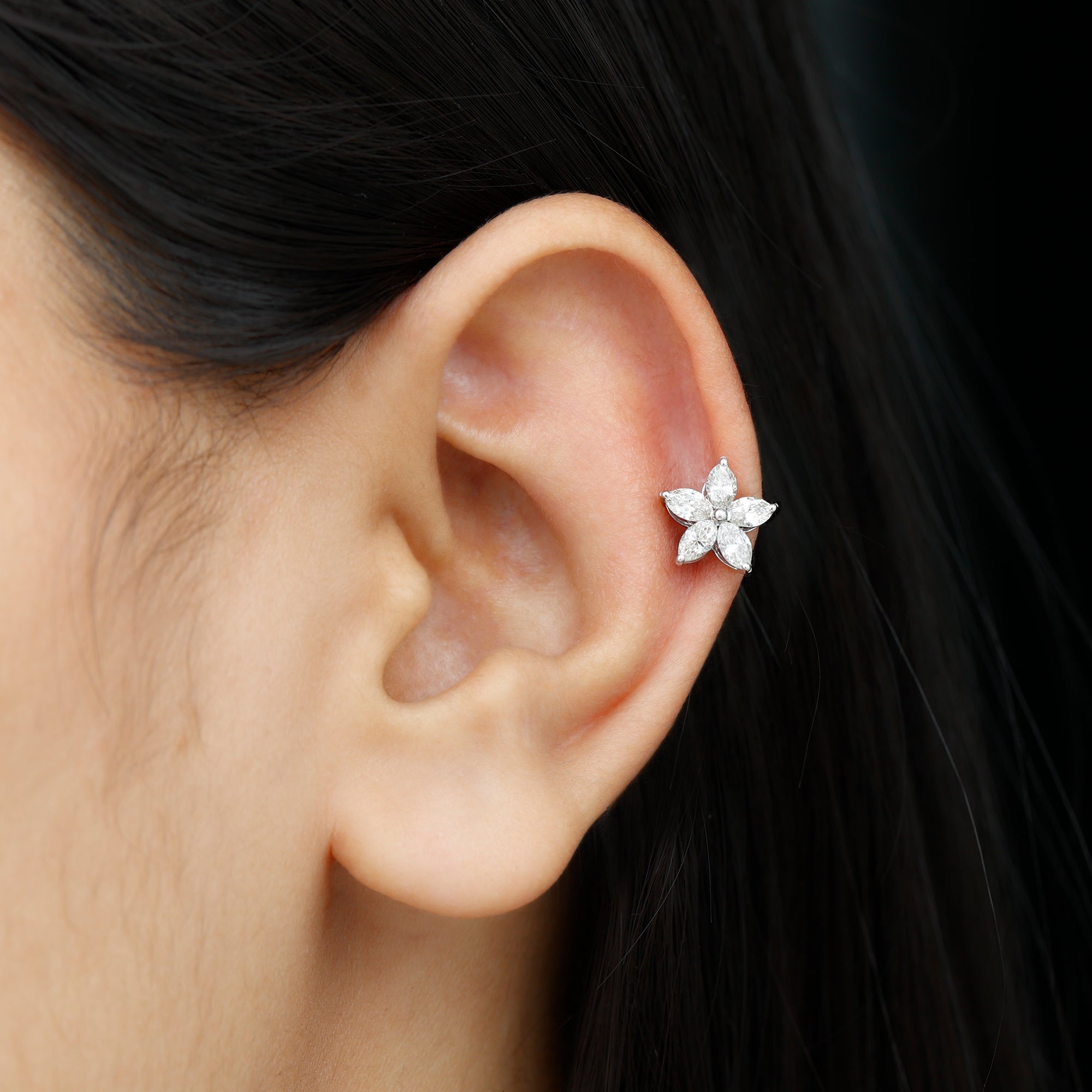 Exquisite Moissanite Flower Earring for Cartilage Piercing Moissanite - ( D-VS1 ) - Color and Clarity - Rosec Jewels