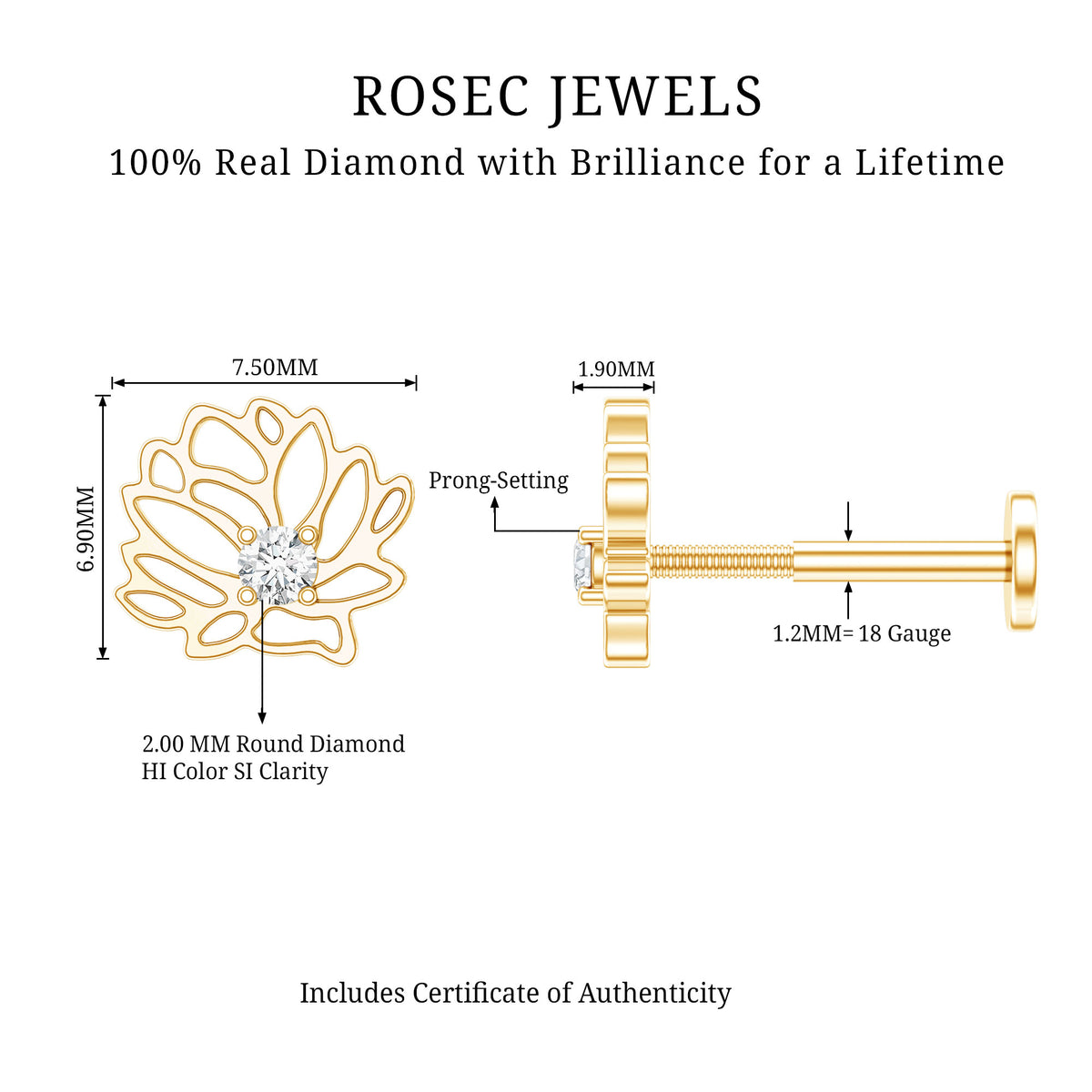 Diamond Lotus Flower Earring for Conch Piercing Natural - ( HI-SI ) - Rosec Jewels