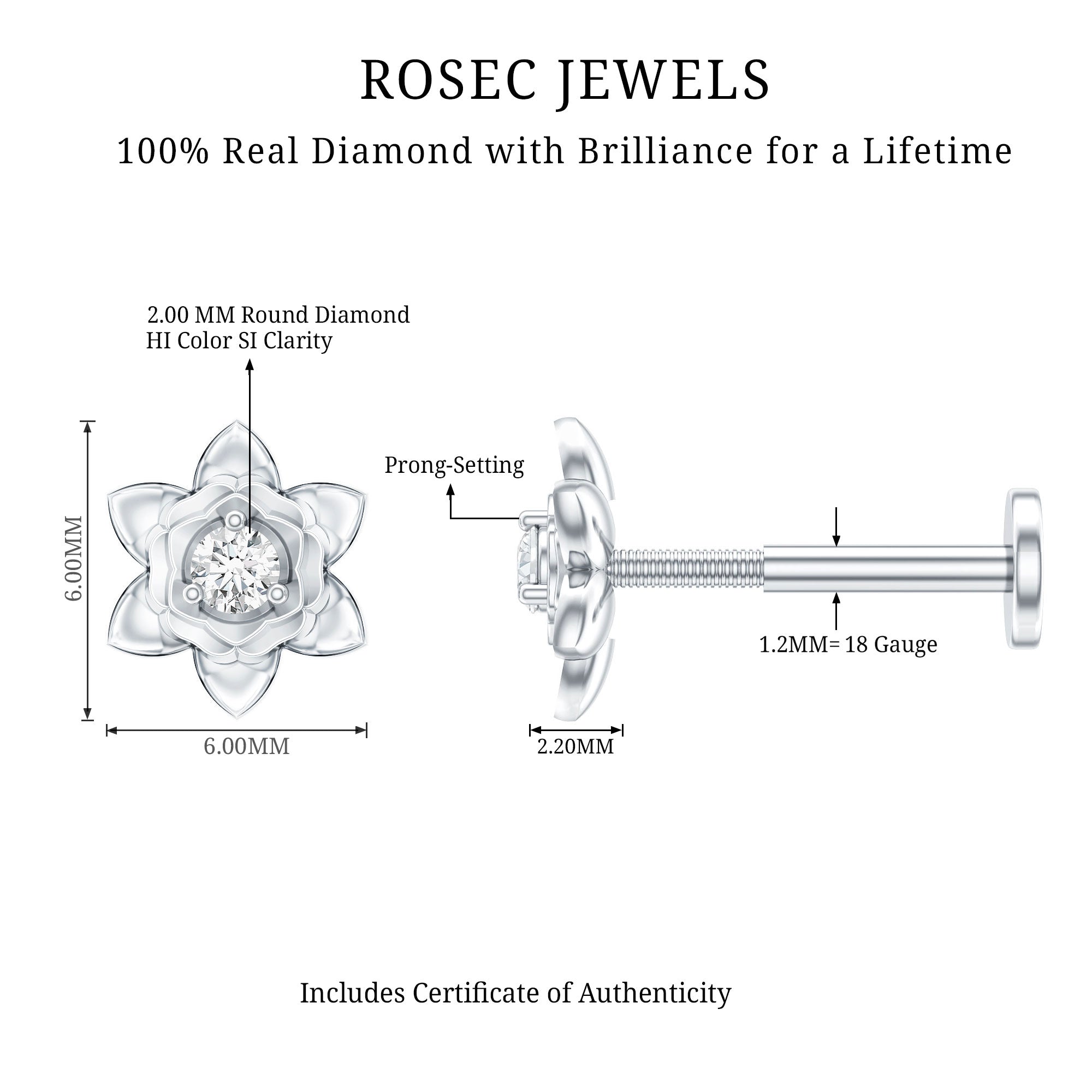 Diamond Lotus Flower Earring for Helix Piercing Natural - ( HI-SI ) - Rosec Jewels