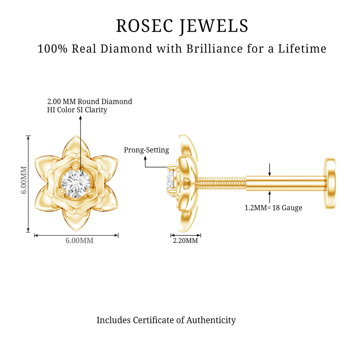 Diamond Lotus Flower Earring for Helix Piercing Natural - ( HI-SI ) - Rosec Jewels