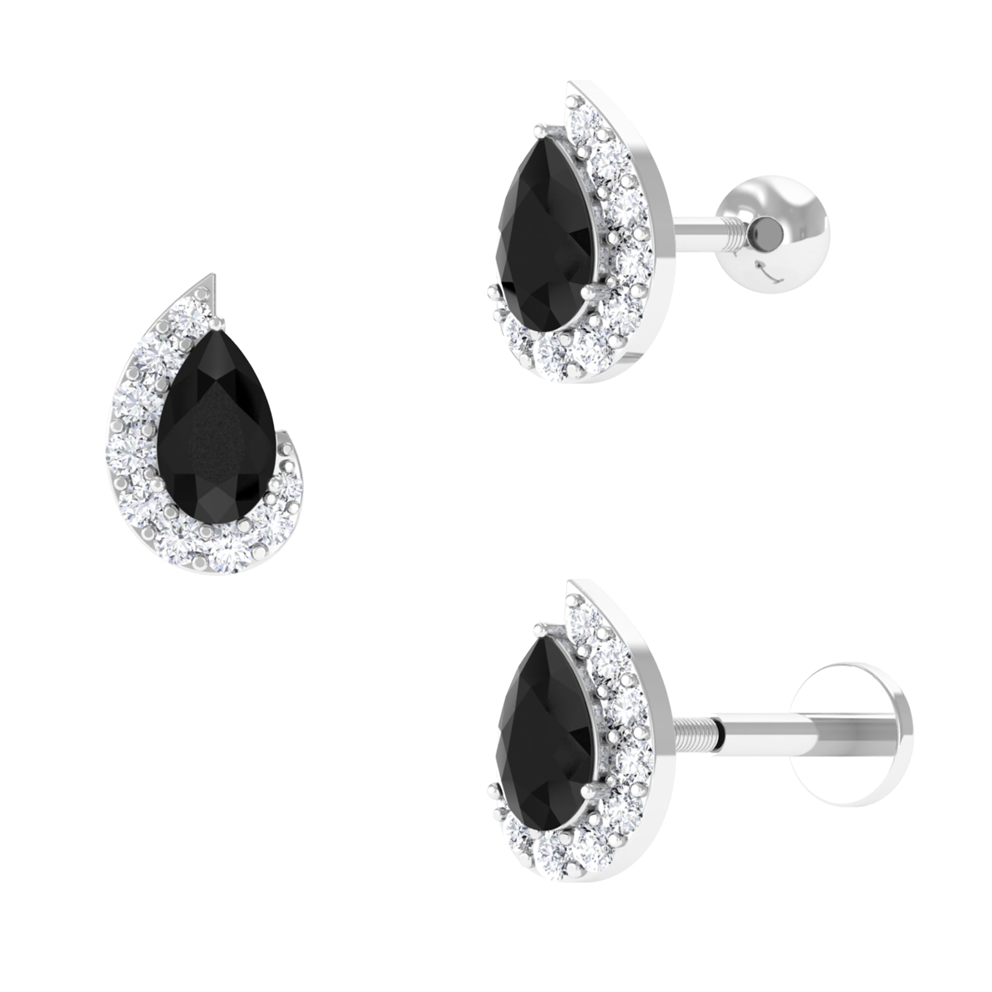 Black Onyx Teardrop Helix Earring with Moissanite Black Onyx - ( AAA ) - Quality - Rosec Jewels