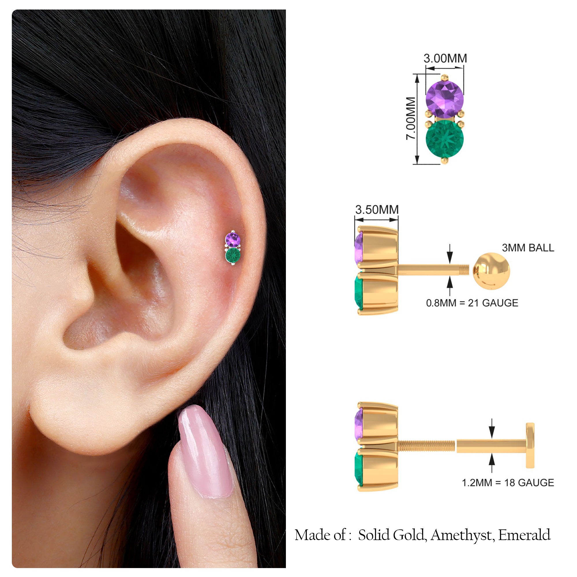 Real Amethyst and Emerald Earring for Helix Piercing AAA - Rosec Jewels