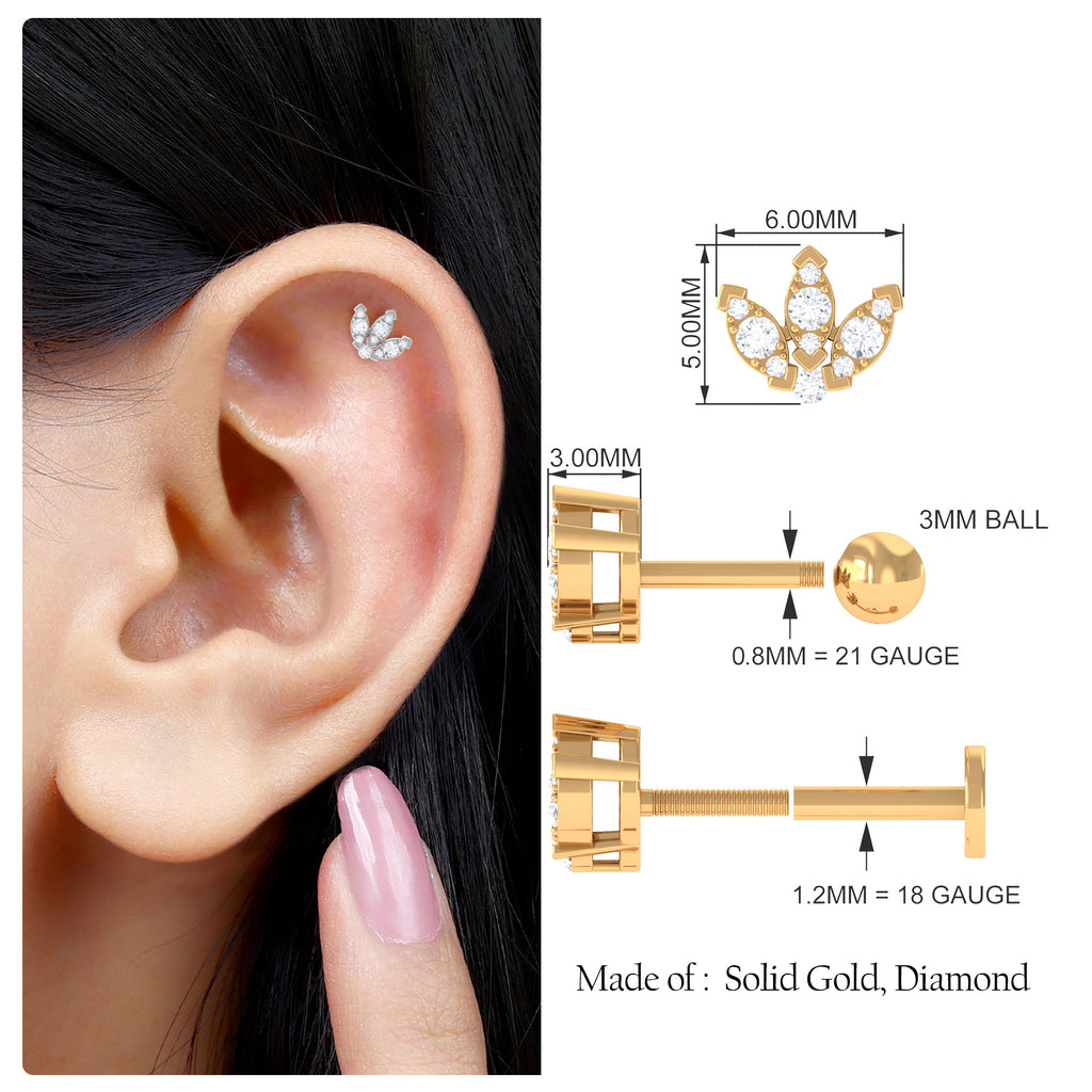 Exquisite Diamond Lotus Flower Earring for Helix Piercing Diamond - ( HI-SI ) - Color and Clarity - Rosec Jewels