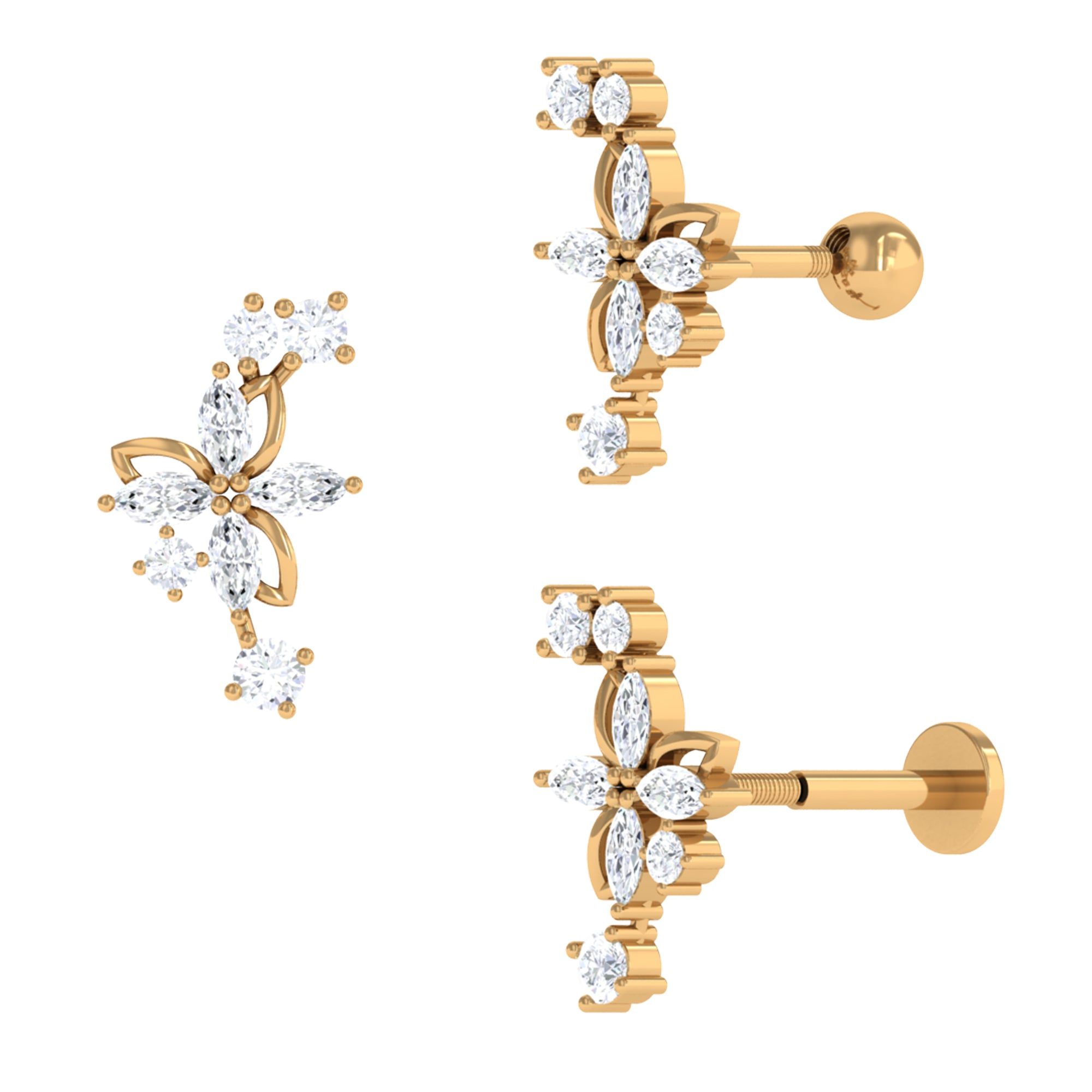 Certified Moissanite Gold Flower Crawler Earring Moissanite - ( D-VS1 ) - Color and Clarity - Rosec Jewels