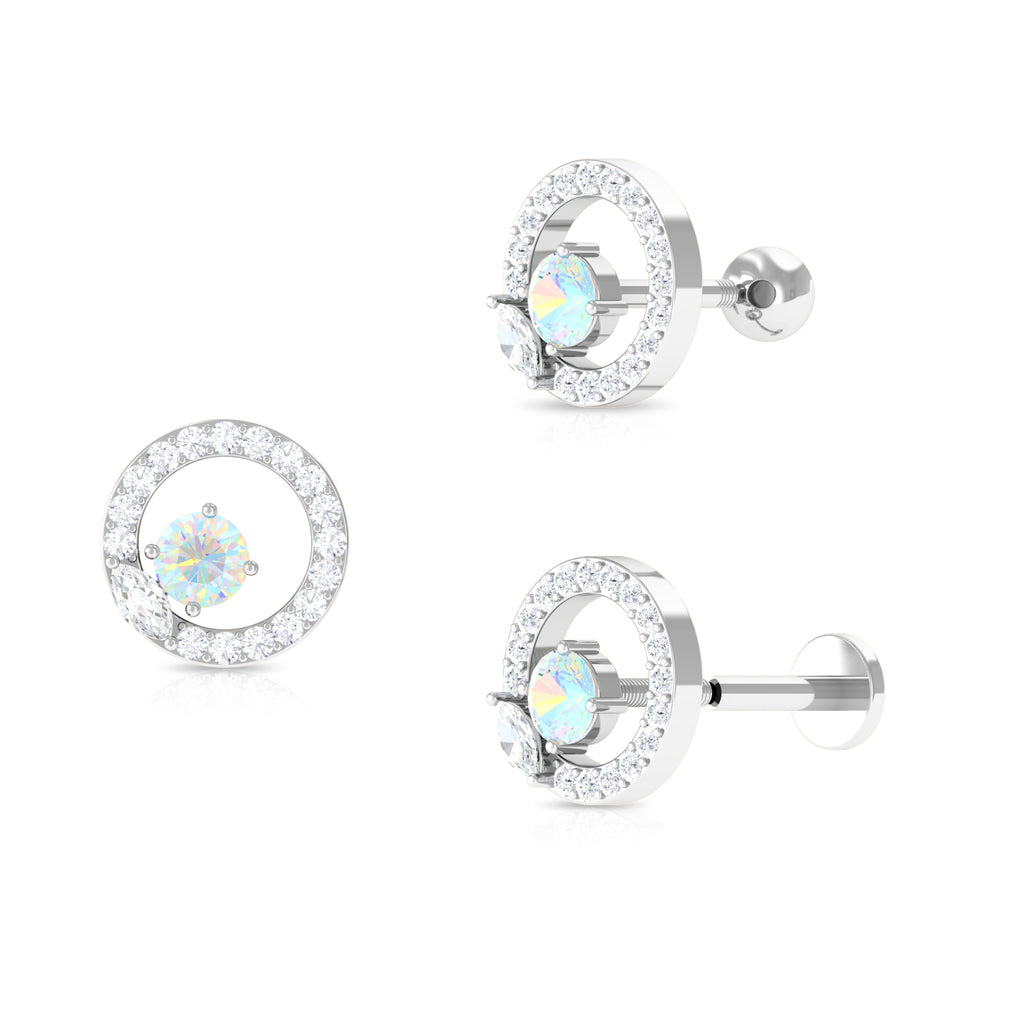 Ethiopian Opal and Moissanite Circle Cartilage Earring in Gold Ethiopian Opal - ( AAA ) - Quality - Rosec Jewels