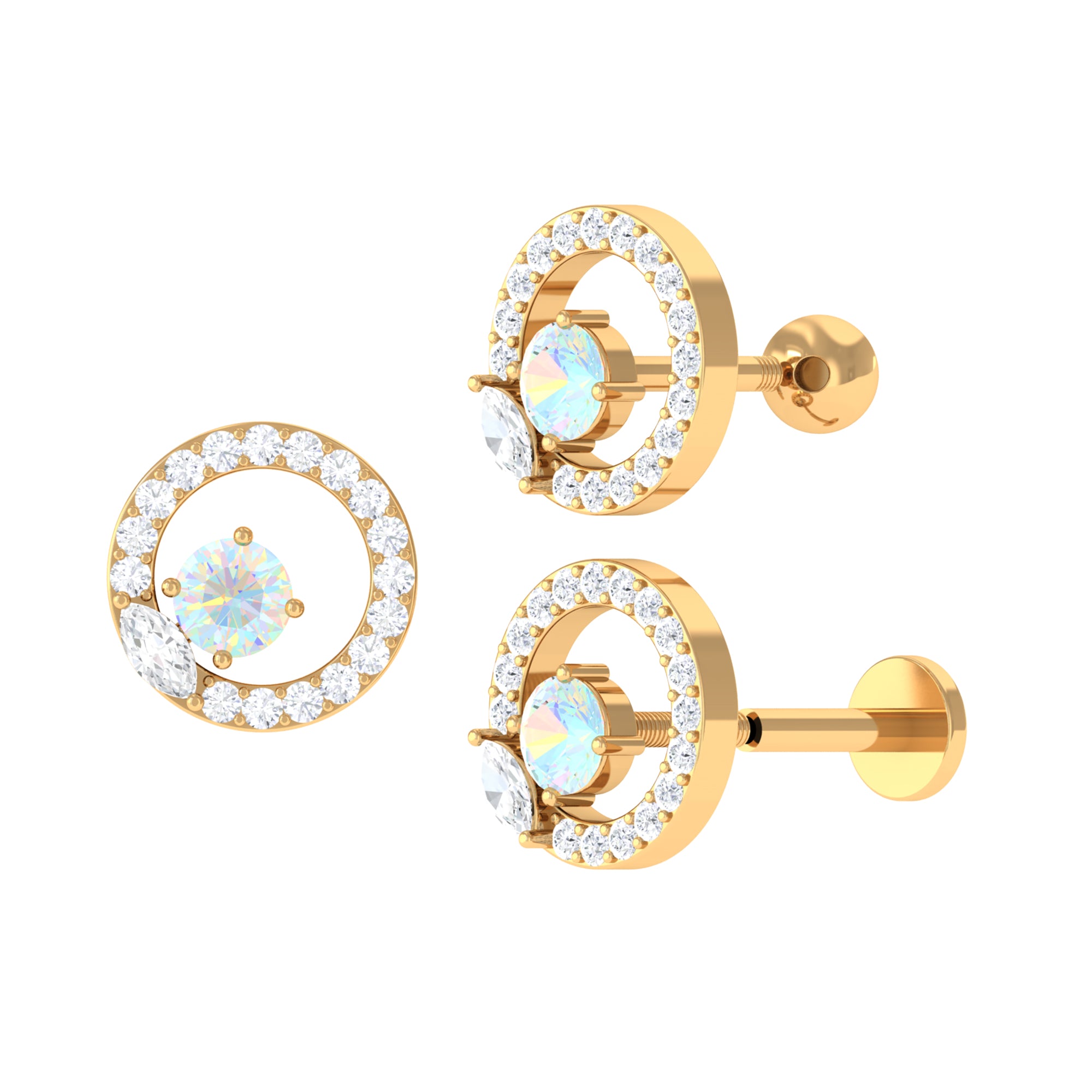 Ethiopian Opal and Moissanite Circle Cartilage Earring in Gold Ethiopian Opal - ( AAA ) - Quality - Rosec Jewels