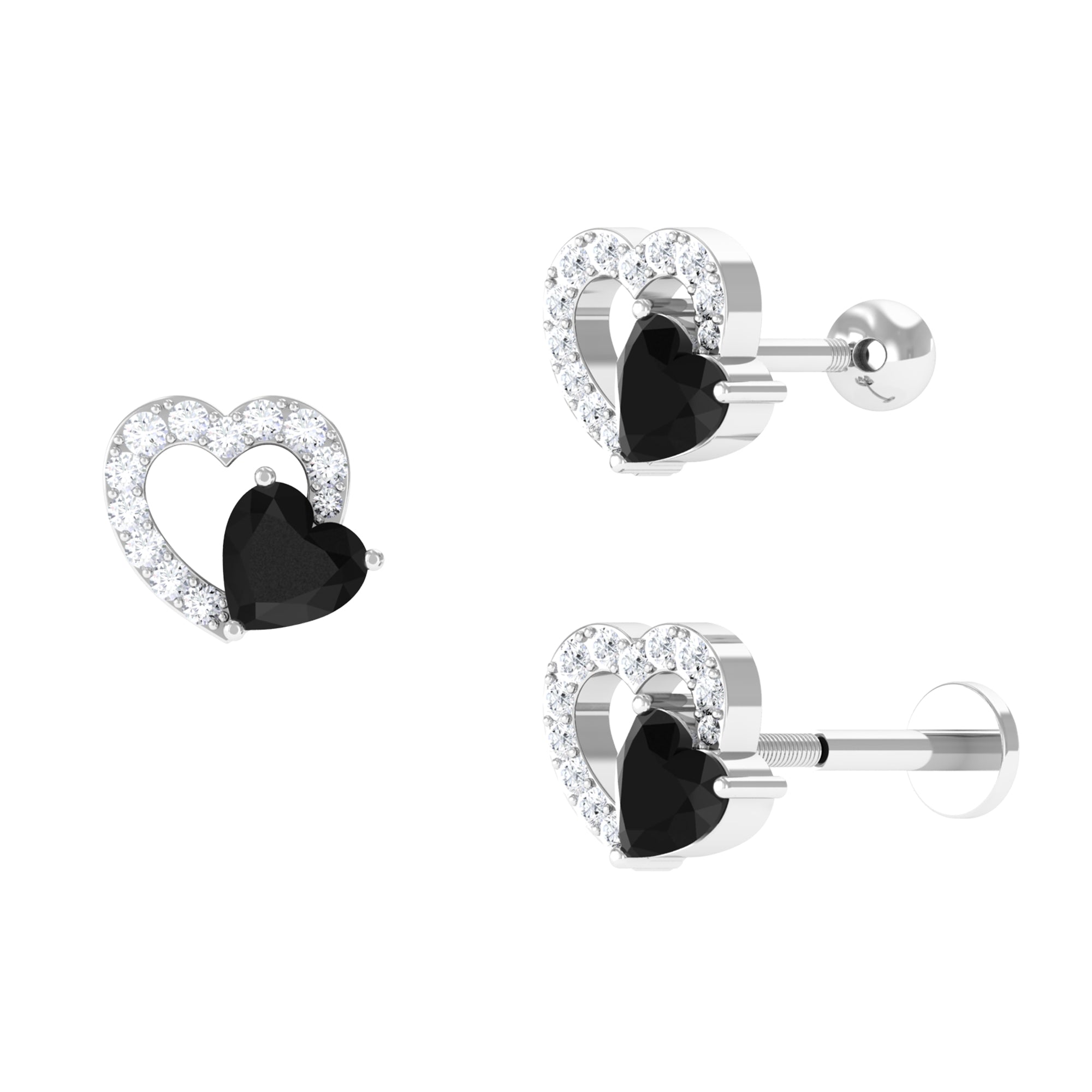 Black Onyx and Moissanite Heart Helix Earring in Gold Black Onyx - ( AAA ) - Quality - Rosec Jewels