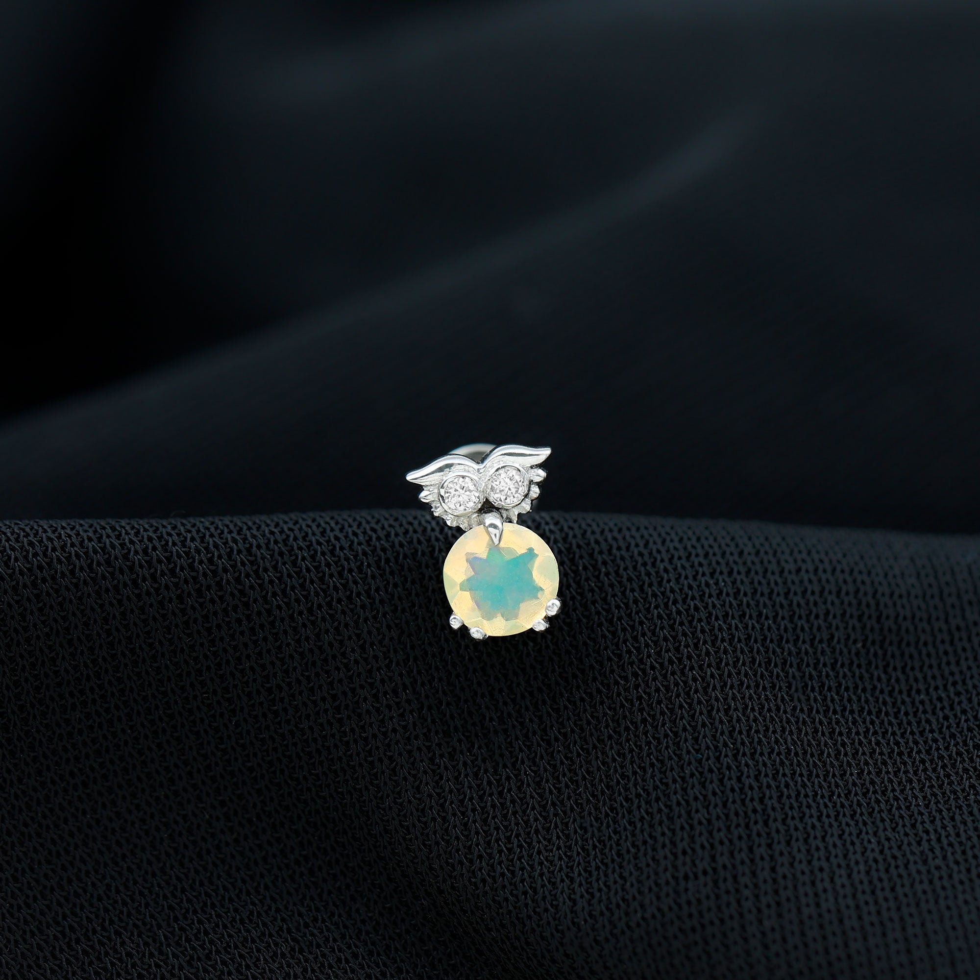 Ethiopian Opal and Diamond Owl Cartilage Earring in Gold Ethiopian Opal - ( AAA ) - Quality - Rosec Jewels