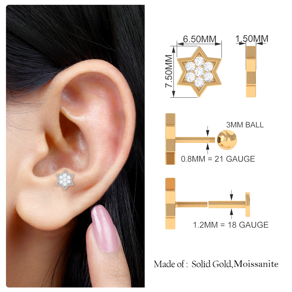 Round Moissanite Gold Star Earring for Cartilage Piercing Moissanite - ( D-VS1 ) - Color and Clarity - Rosec Jewels