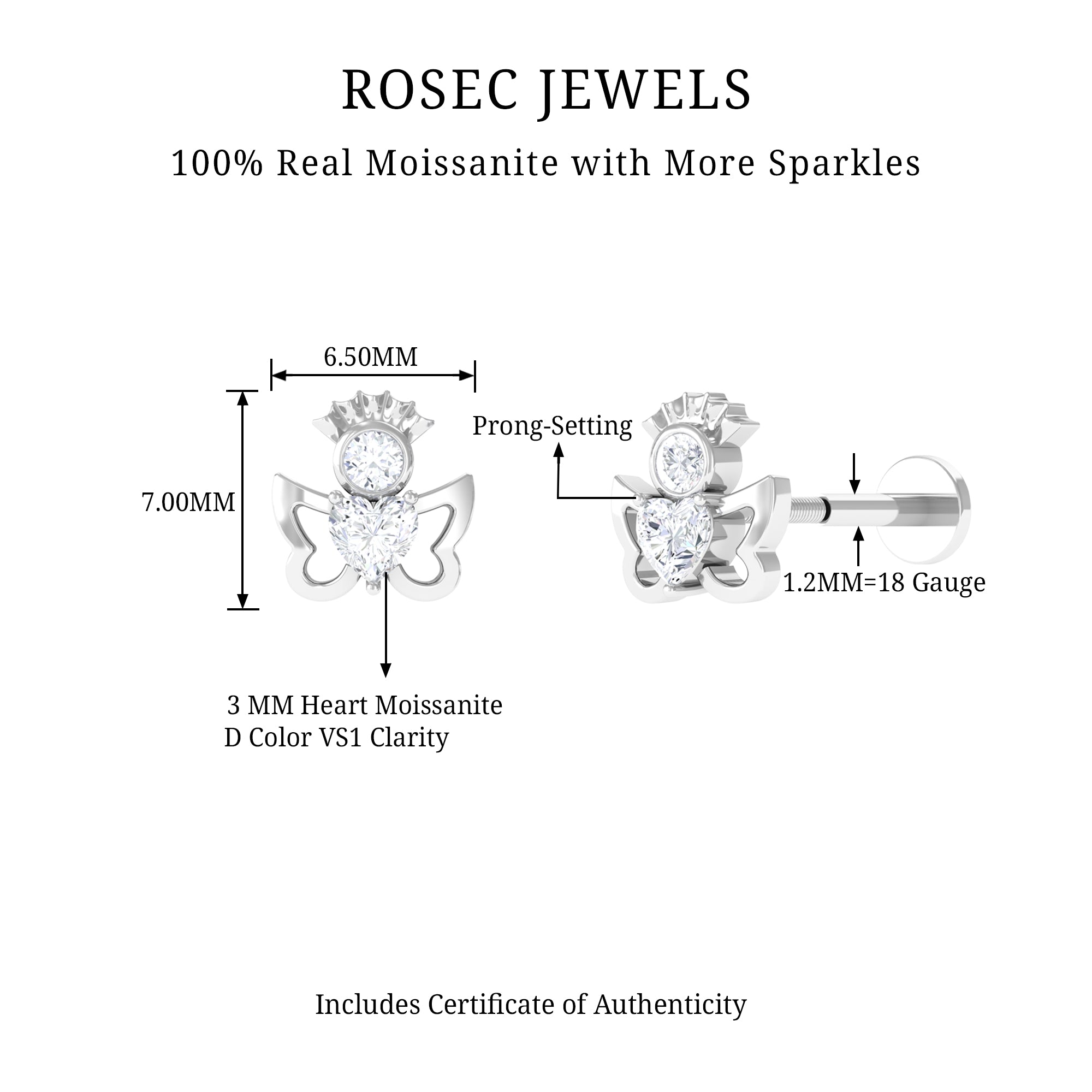 Heart Shape Moissanite Angel Earring for Upper Lobe Piercing D-VS1 - Rosec Jewels