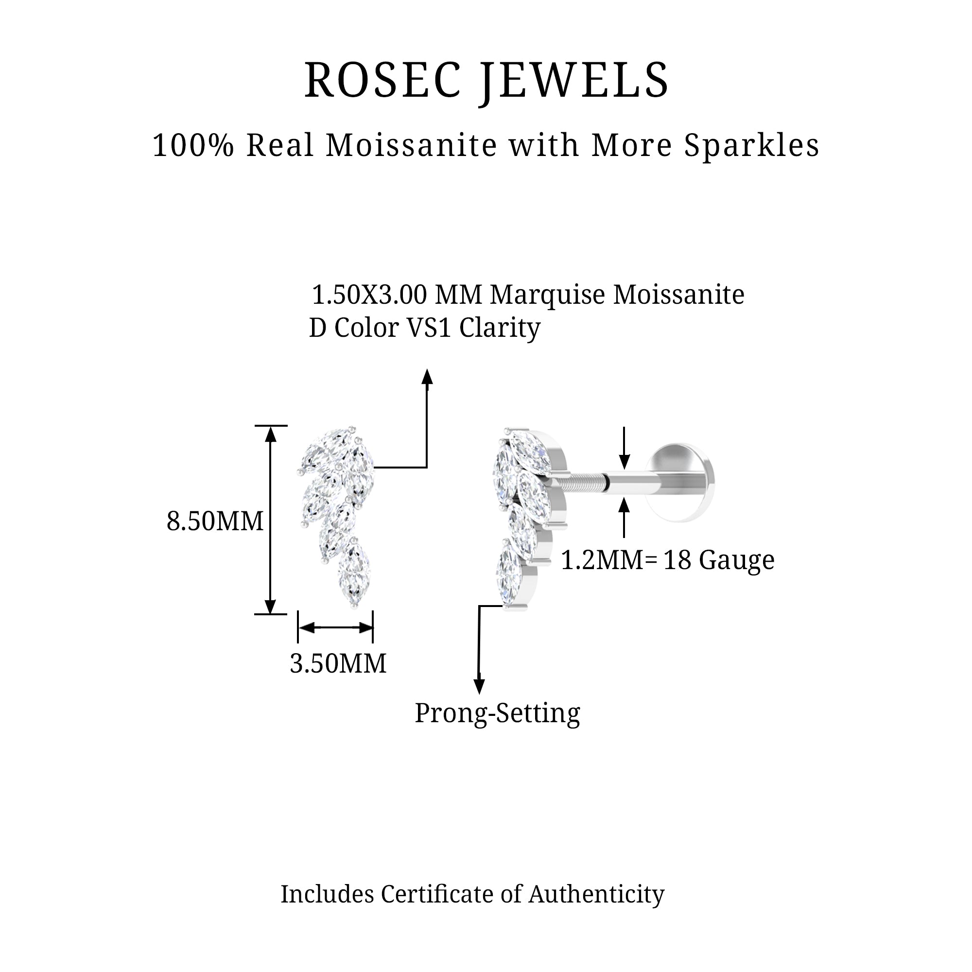Marquise Moissanite Leaf Earring for Helix Piercing D-VS1 - Rosec Jewels