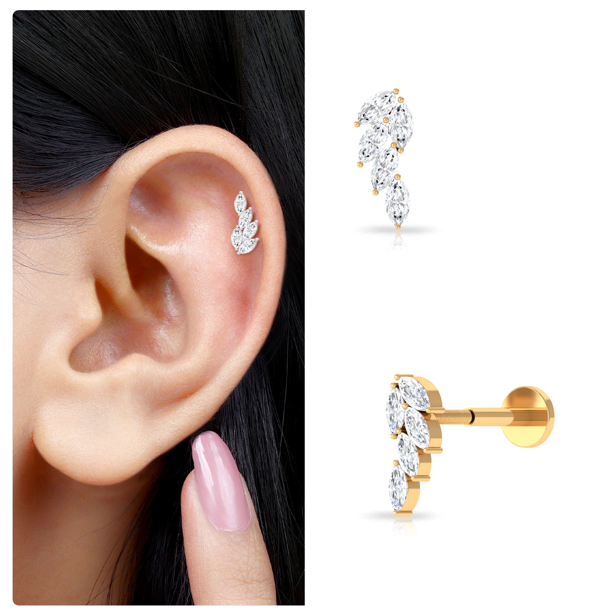 Marquise Moissanite Leaf Earring for Helix Piercing D-VS1 - Rosec Jewels
