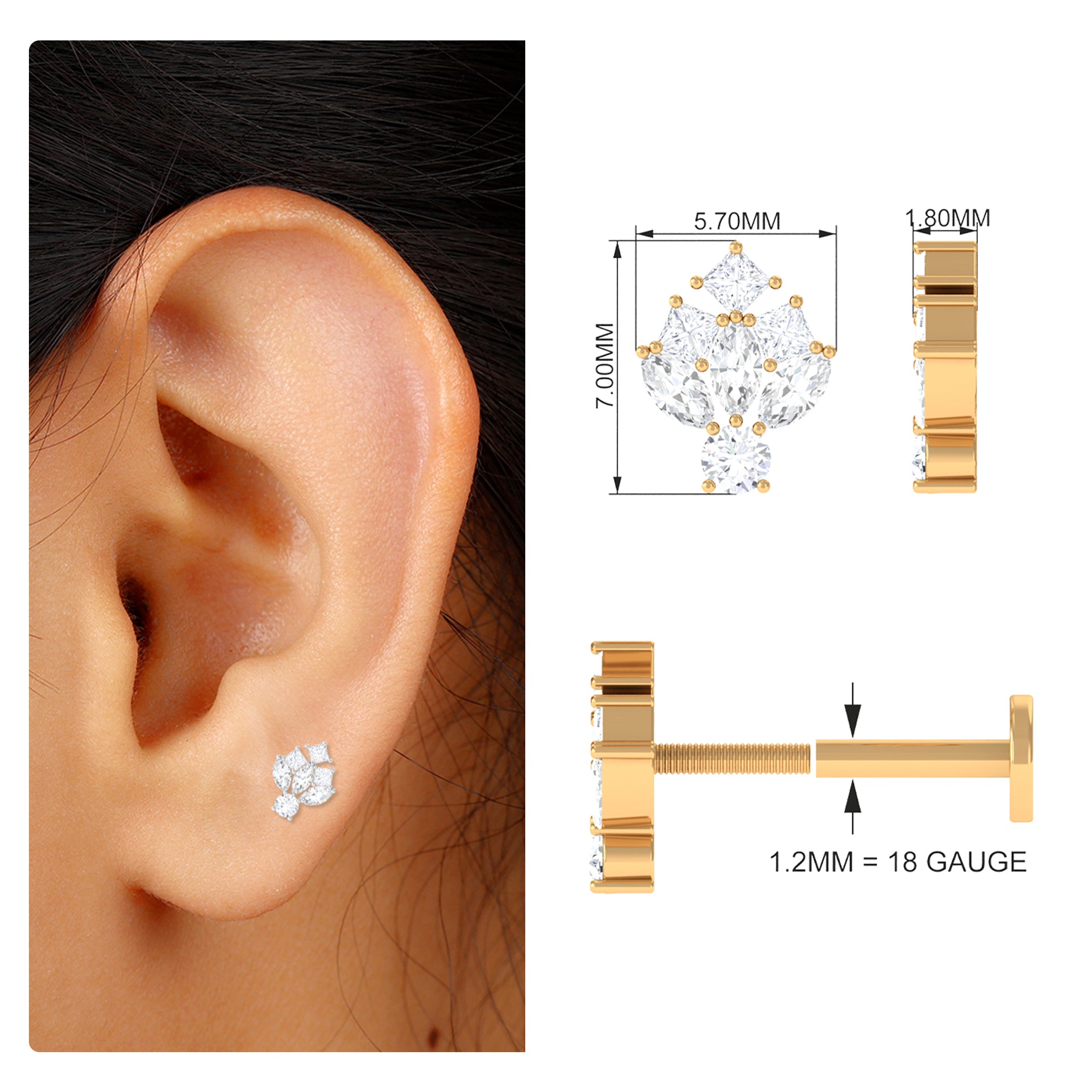 Moissanite Cluster Earring for Upper Lobe Piercing Moissanite - ( D-VS1 ) - Color and Clarity - Rosec Jewels