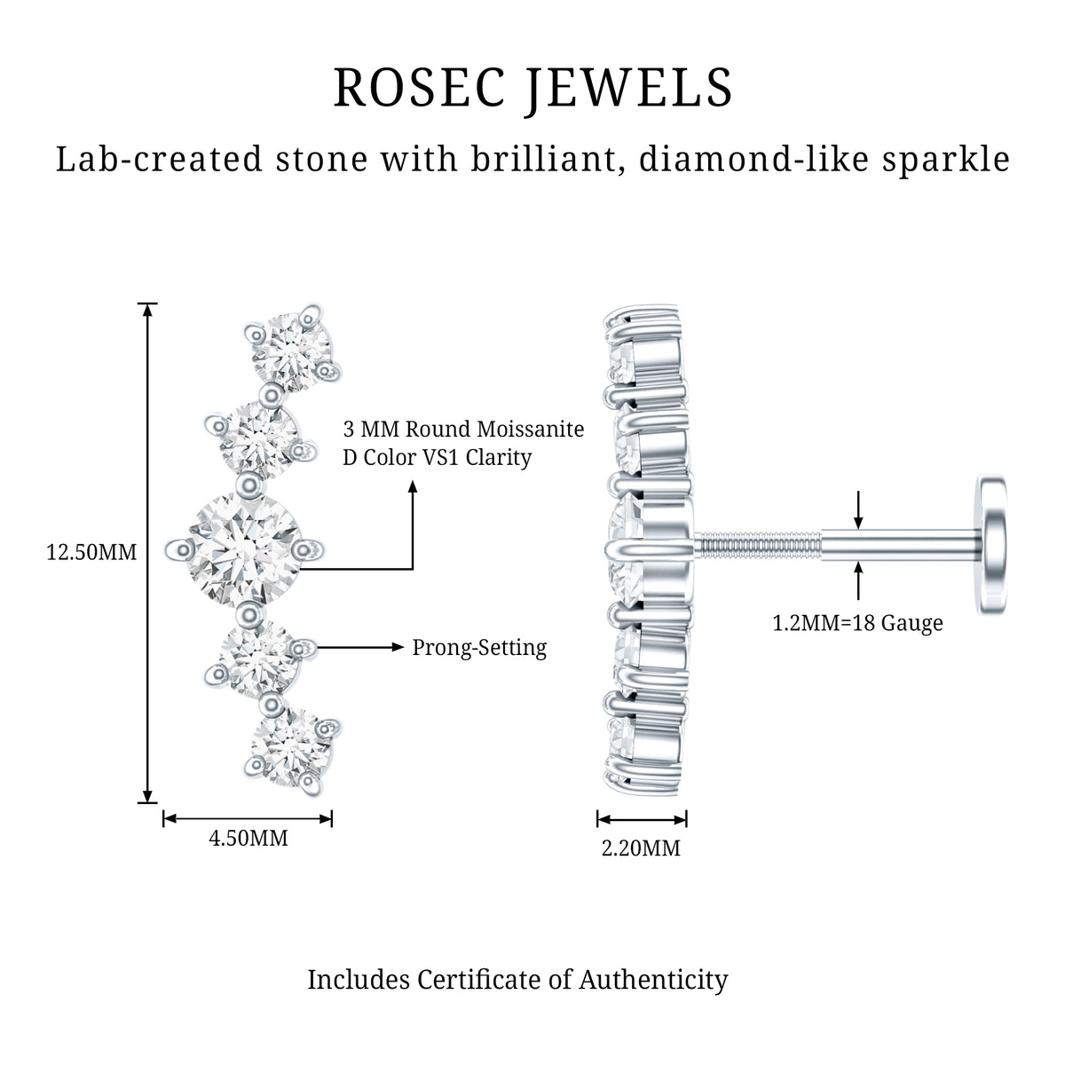 Certified Moissanite Curved Crawler Earring with Flat Back D-VS1 - Rosec Jewels