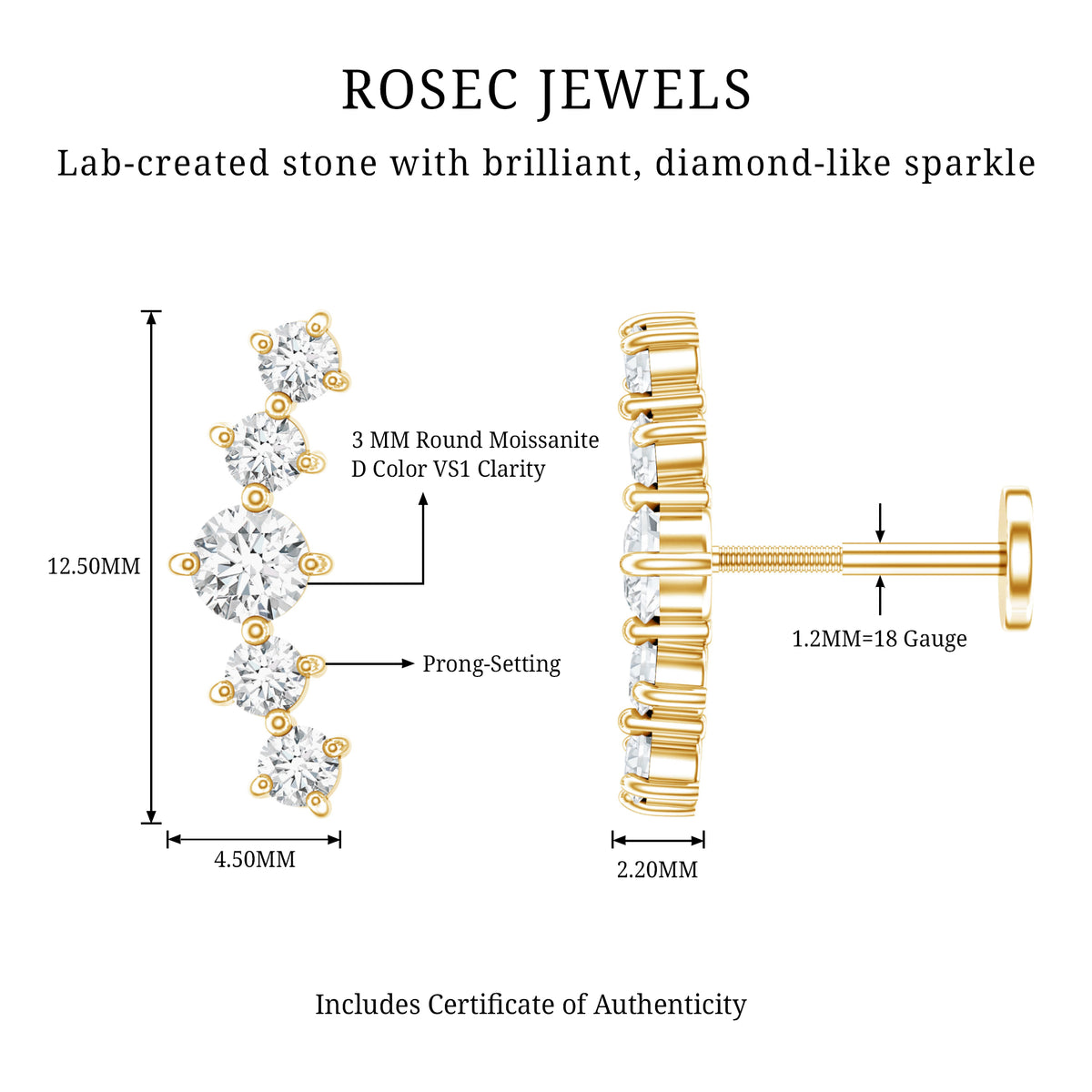 Certified Moissanite Curved Crawler Earring with Flat Back D-VS1 - Rosec Jewels