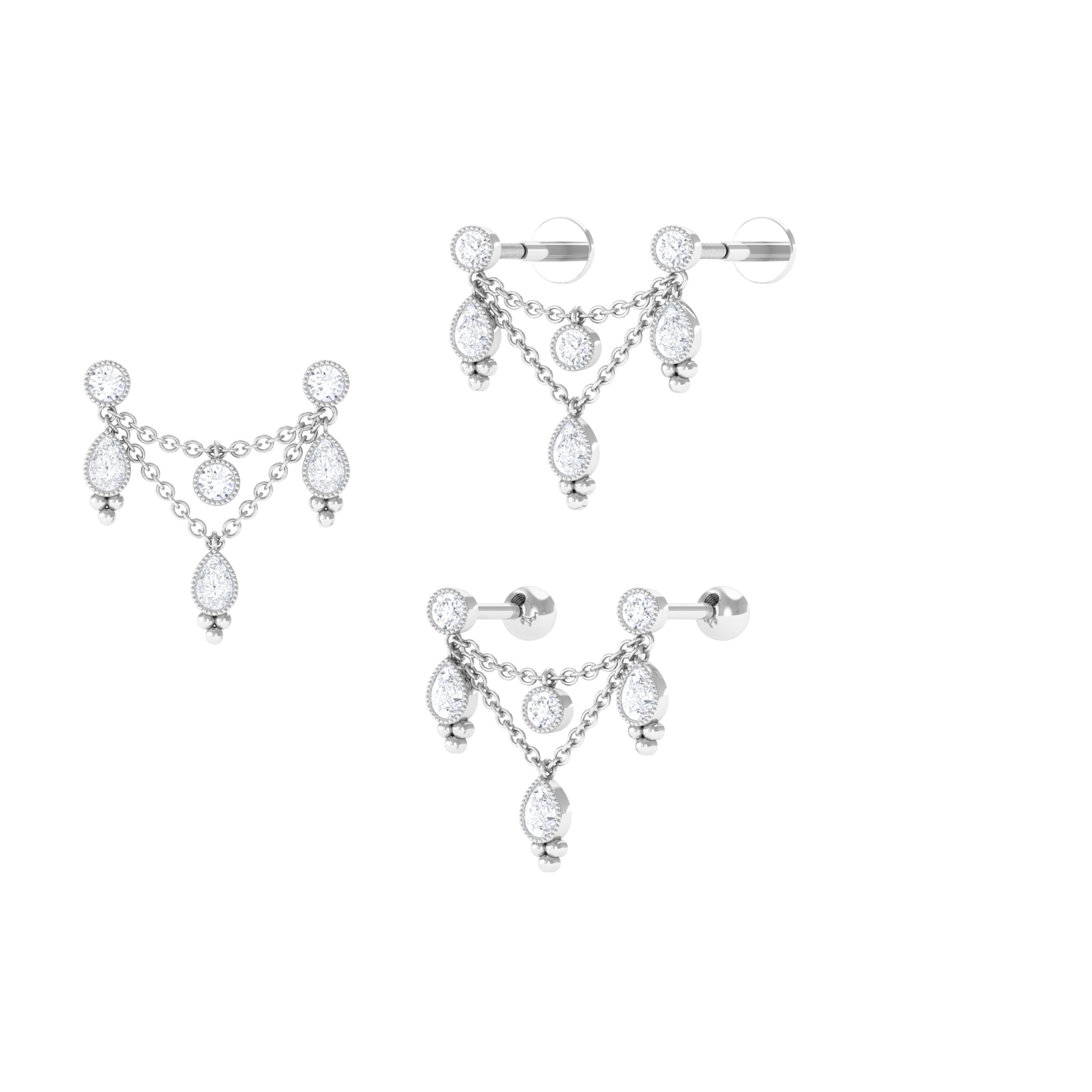 Beaded Bezel Set Moissanite Double Chain Drop Earring Moissanite - ( D-VS1 ) - Color and Clarity - Rosec Jewels