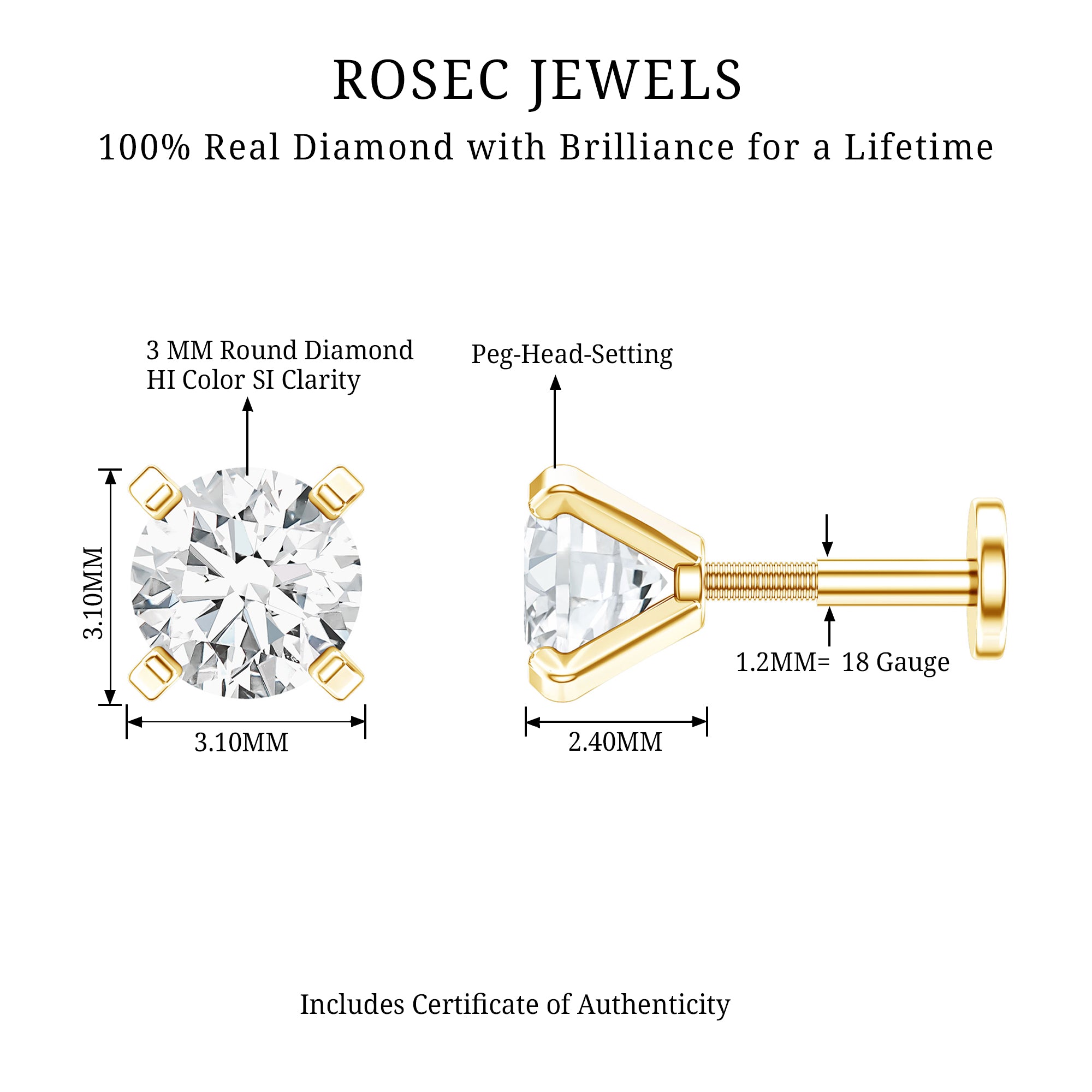 Minimalist Peg Head Set Diamond Nose Pin Stud Natural - ( HI-SI ) - Rosec Jewels