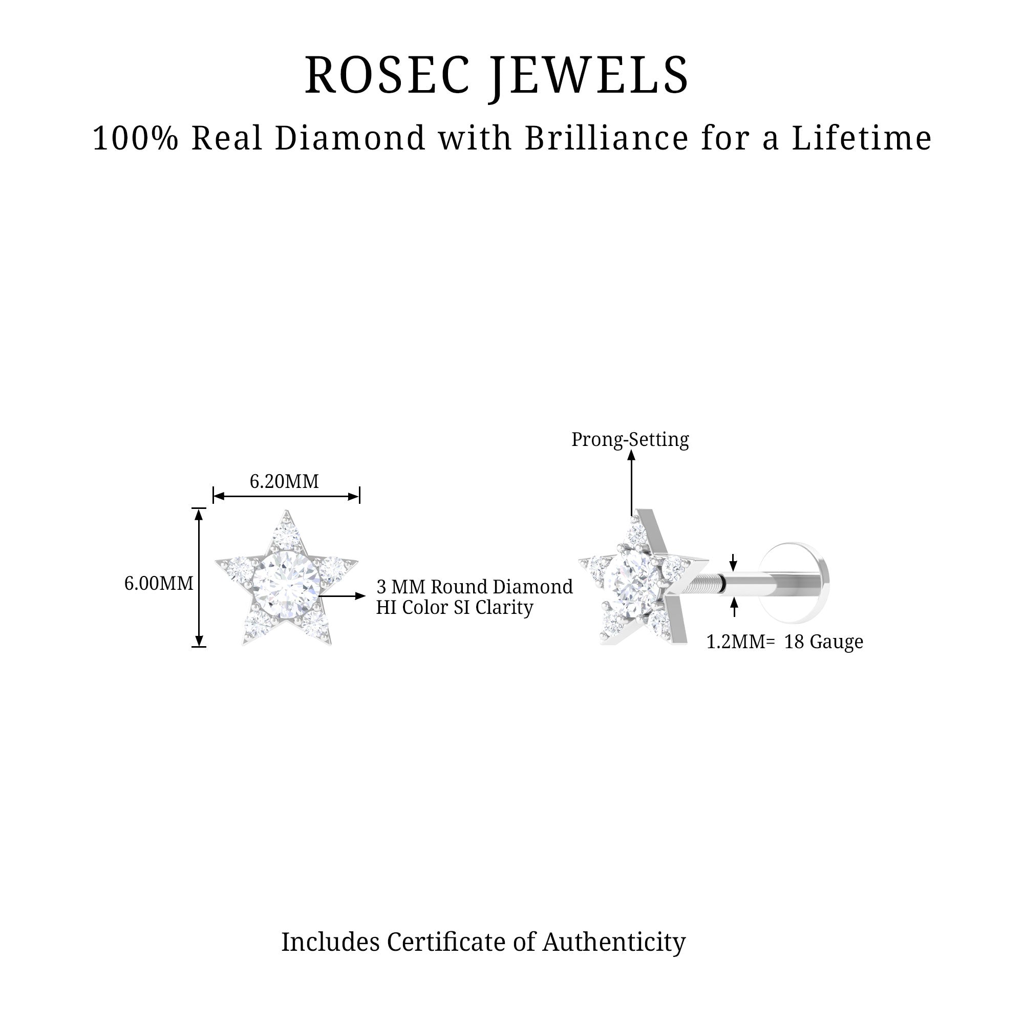 Minimal Diamond Star Celestial Earring for Helix Piercing Natural - ( HI-SI ) - Rosec Jewels