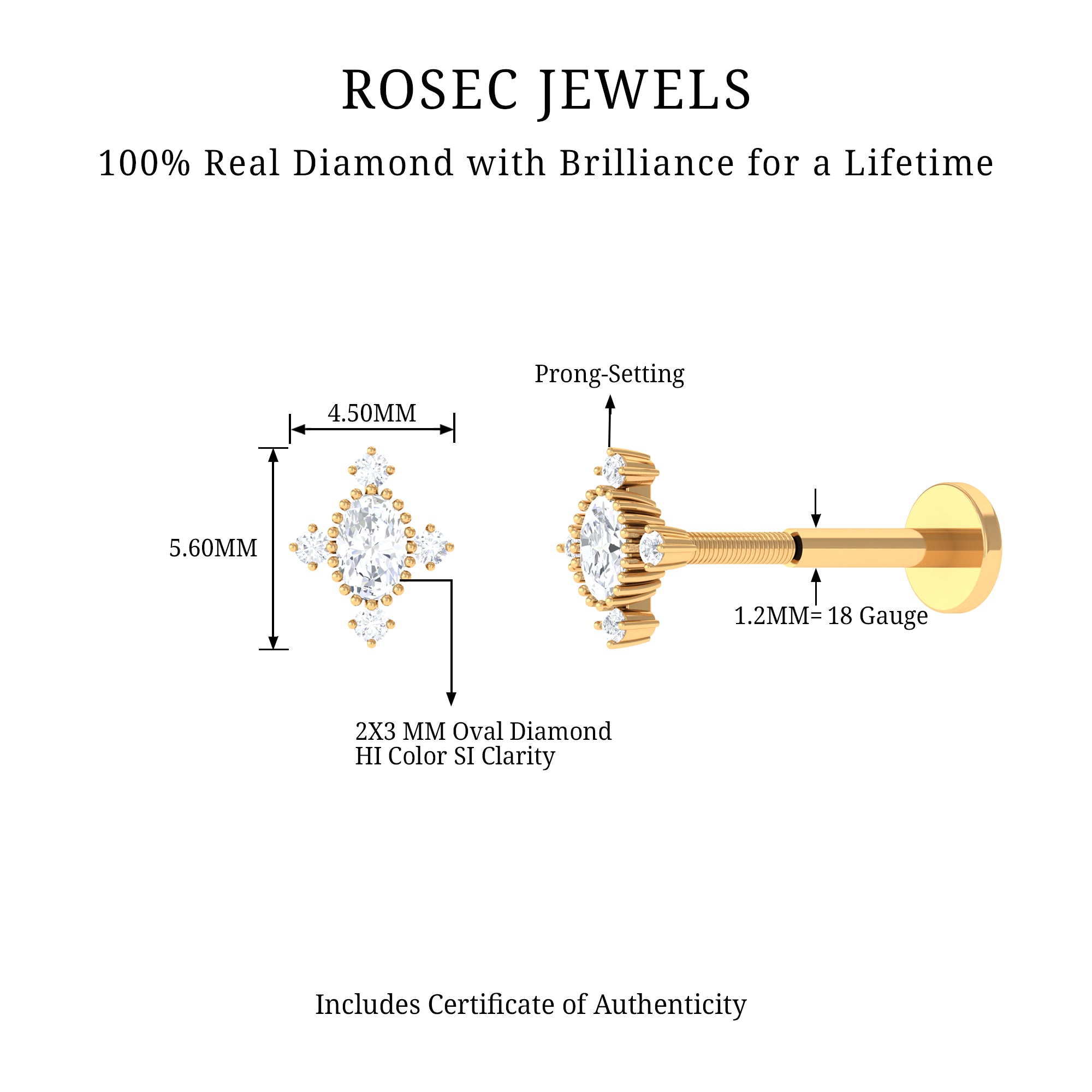 Vintage Inspired Oval Diamond Cartilage Earring Natural - ( HI-SI ) - Rosec Jewels