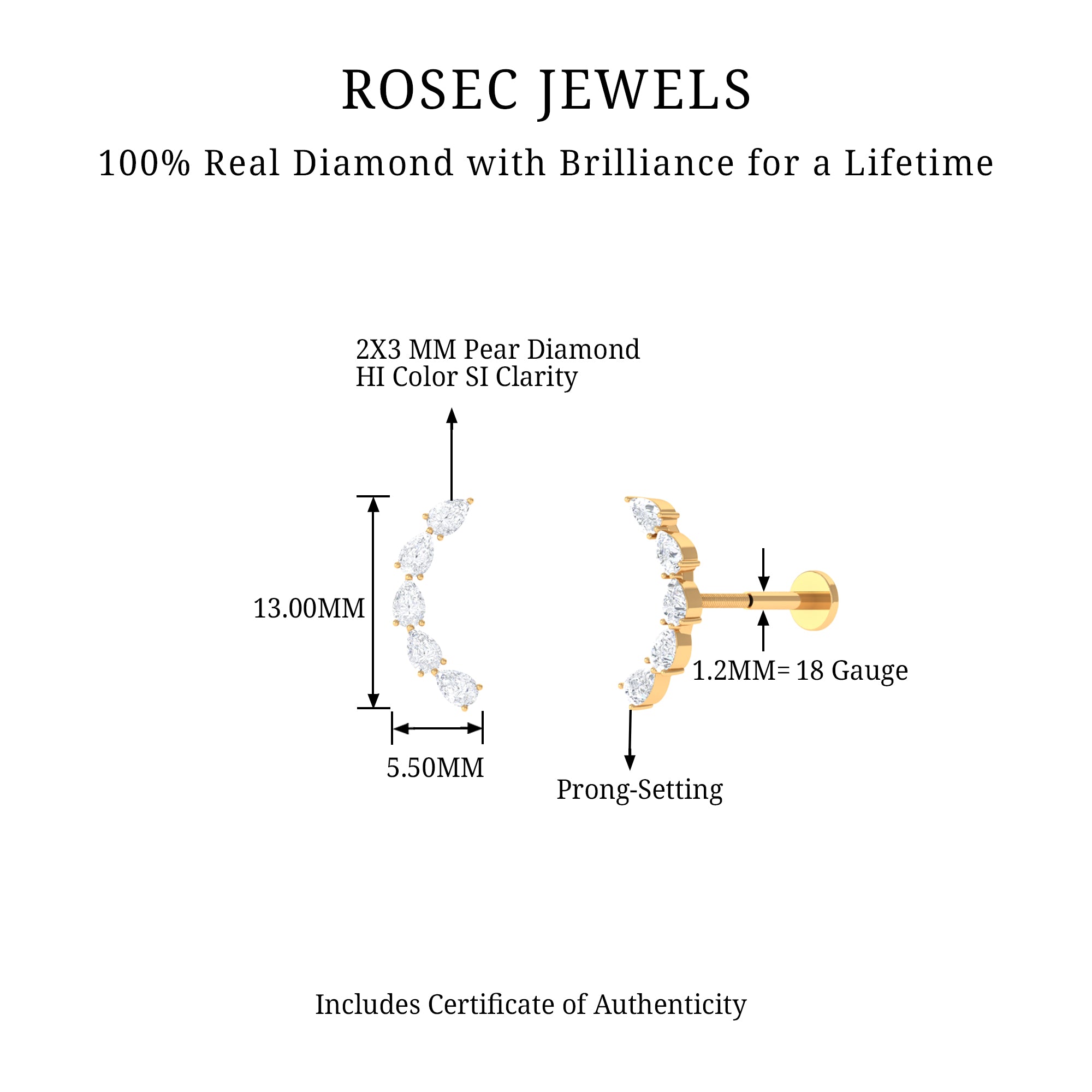 Pear Shape Diamond Crawler Earring for Cartilage Piercing Natural - ( HI-SI ) - Rosec Jewels