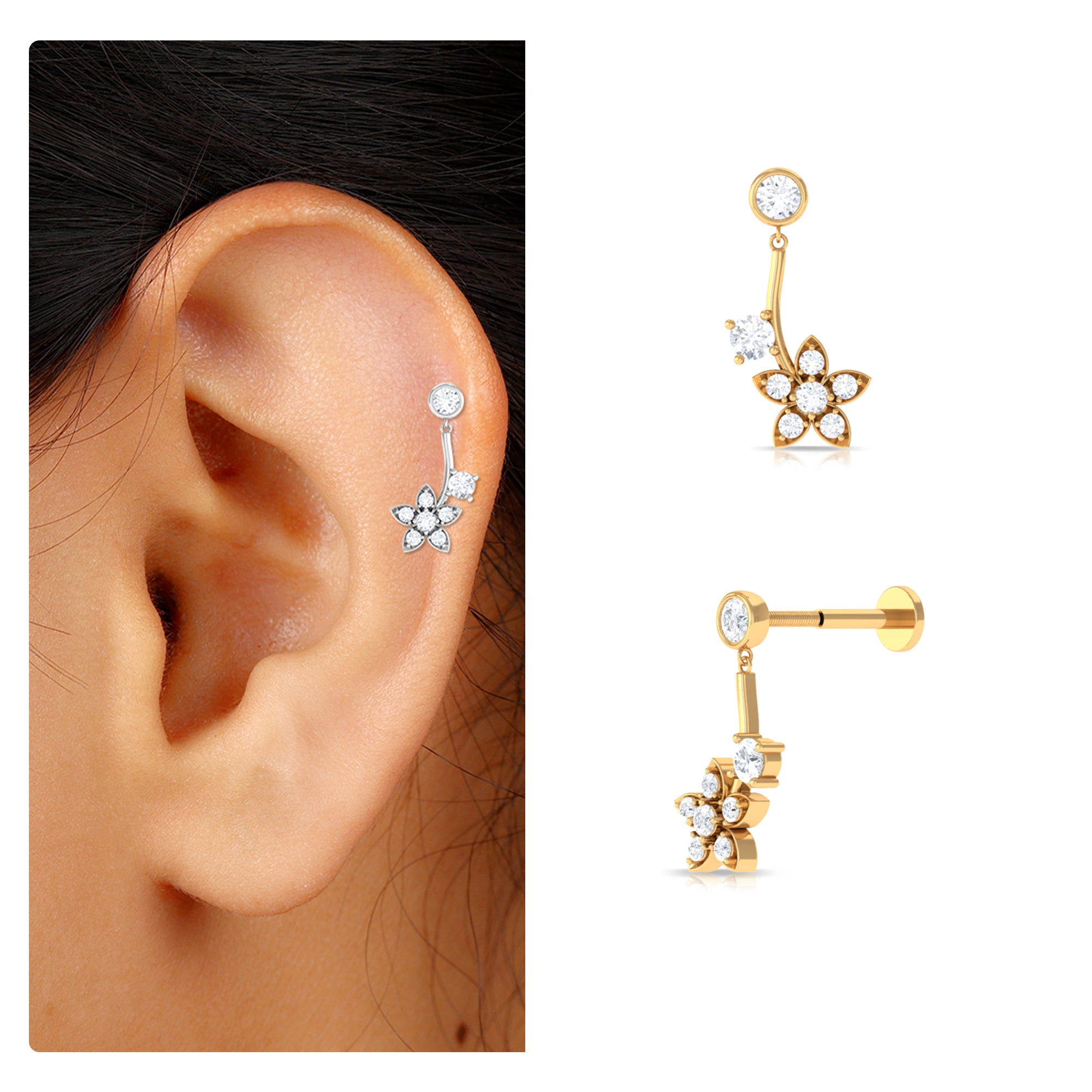 Diamond Floral Drop Earring for Cartilage Piercing Natural - ( HI-SI ) - Rosec Jewels