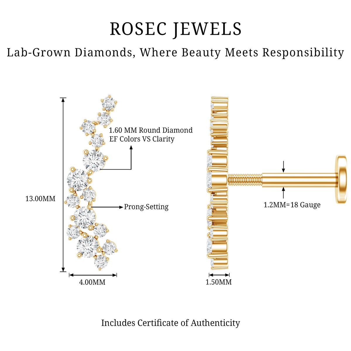 Diamond Cluster Crawler Earring for Helix Piercing Lab - ( EF-VS ) - Rosec Jewels