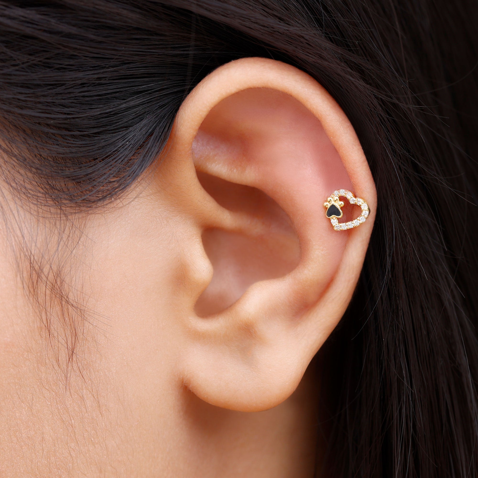 Sparkling Diamond Dog Paw Heart Earring with Black Enamel Lab - ( EF-VS ) - Rosec Jewels