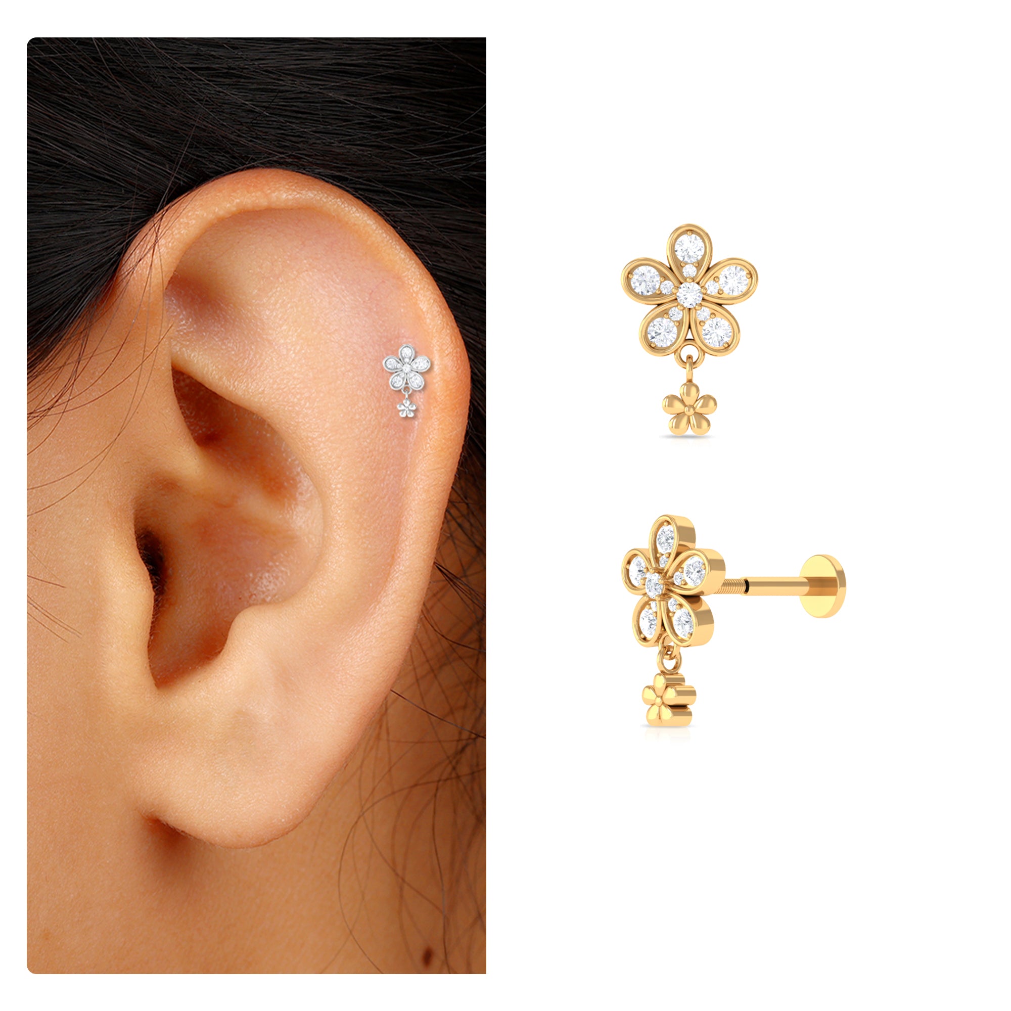 Certified Diamond Flower Helix Drop Earring Lab - ( EF-VS ) - Rosec Jewels