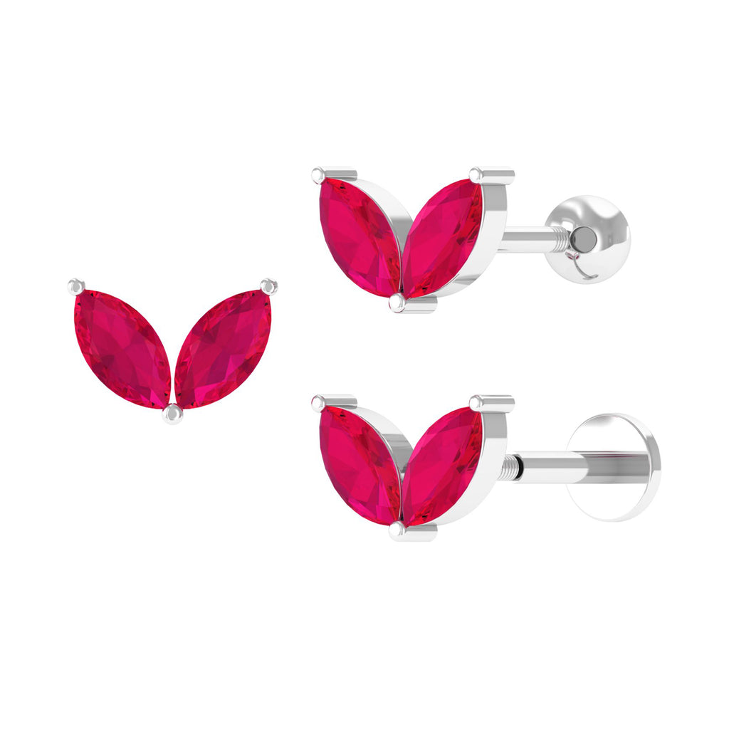 Marquise Ruby Two Stone Cartilage Earring Ruby - ( AAA ) - Quality - Rosec Jewels