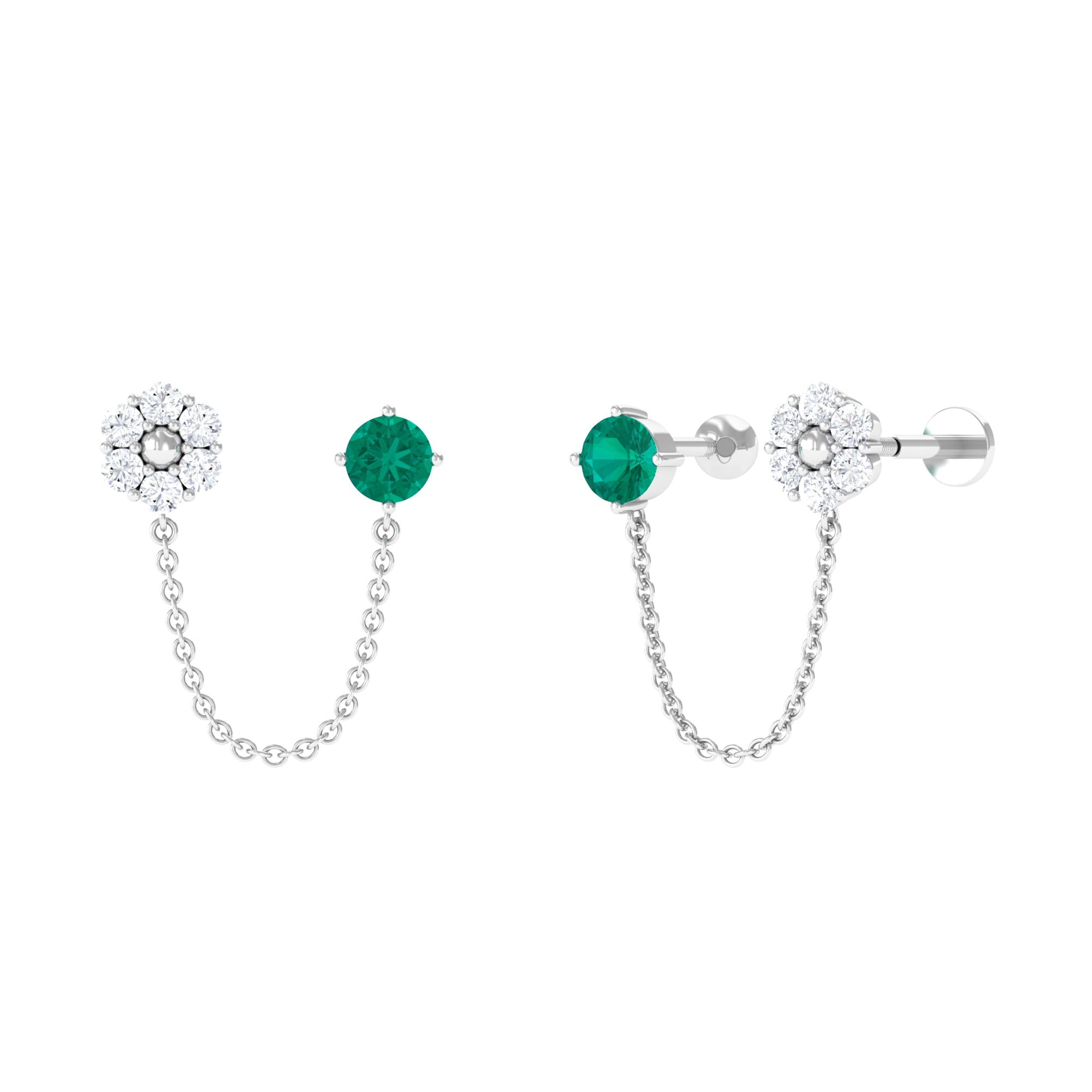 Green Emerald and Moissanite Floral Cartilage Chain Earring Emerald - ( AAA ) - Quality - Rosec Jewels