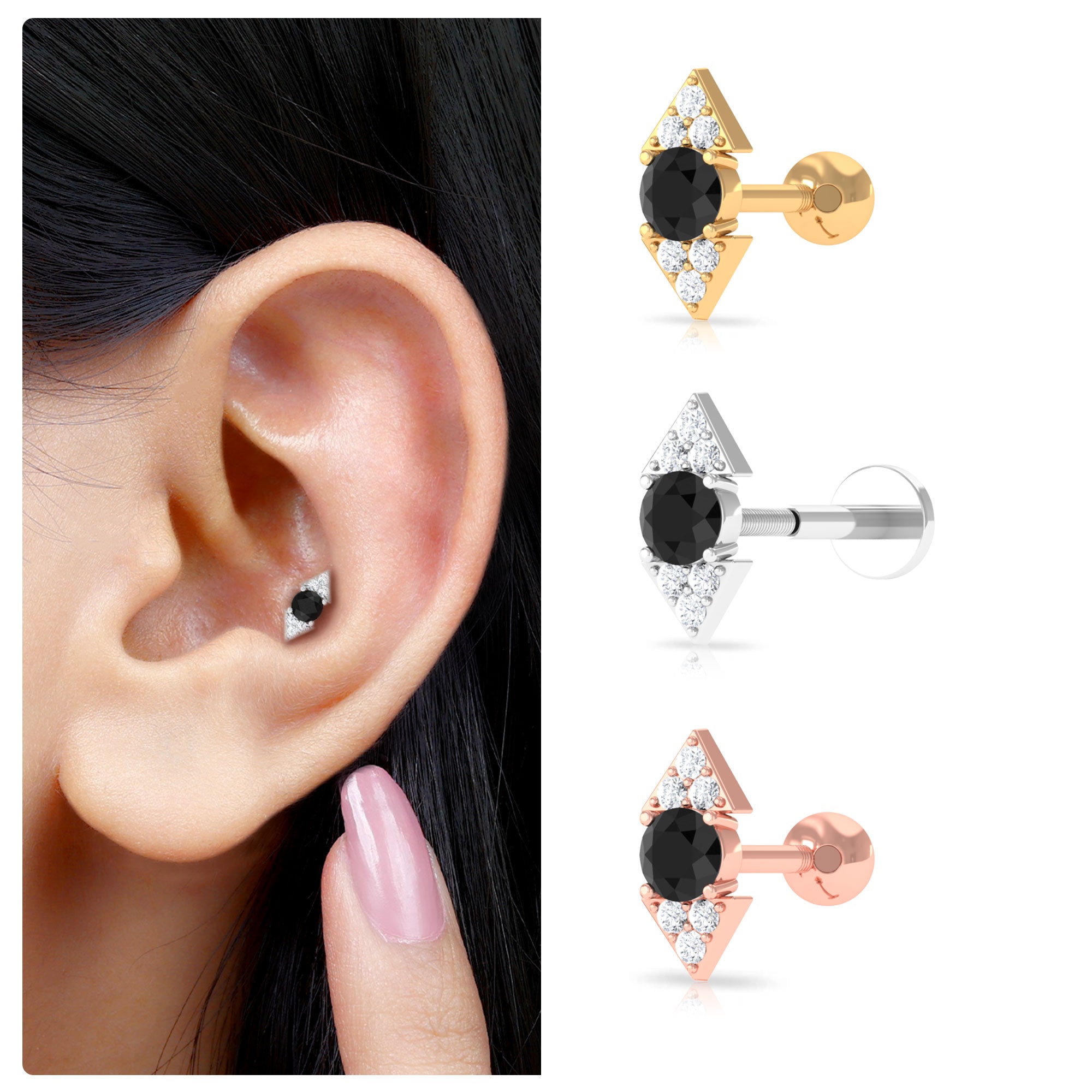 Dainty Black Onyx and Diamond Arrow Tragus Earring AAA - Rosec Jewels