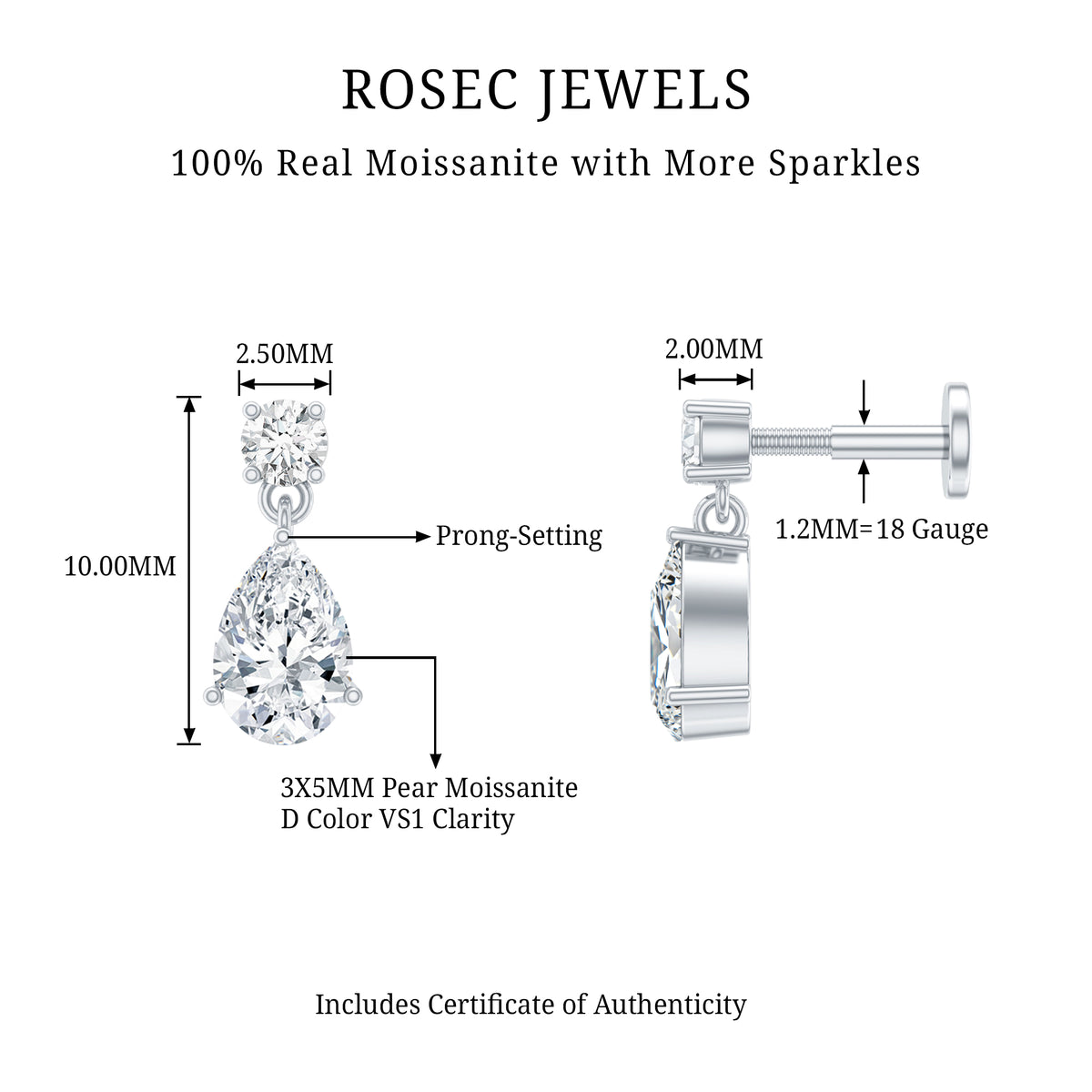 Moissanite Teardrop Earring for Helix Piercing D-VS1 - Rosec Jewels