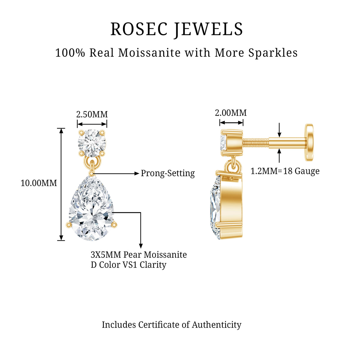 Moissanite Teardrop Earring for Helix Piercing D-VS1 - Rosec Jewels