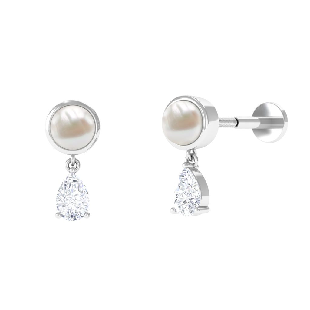 Freshwater Pearl and Moissanite Dangling Cartilage Earring Freshwater Pearl - ( AAA ) - Quality - Rosec Jewels