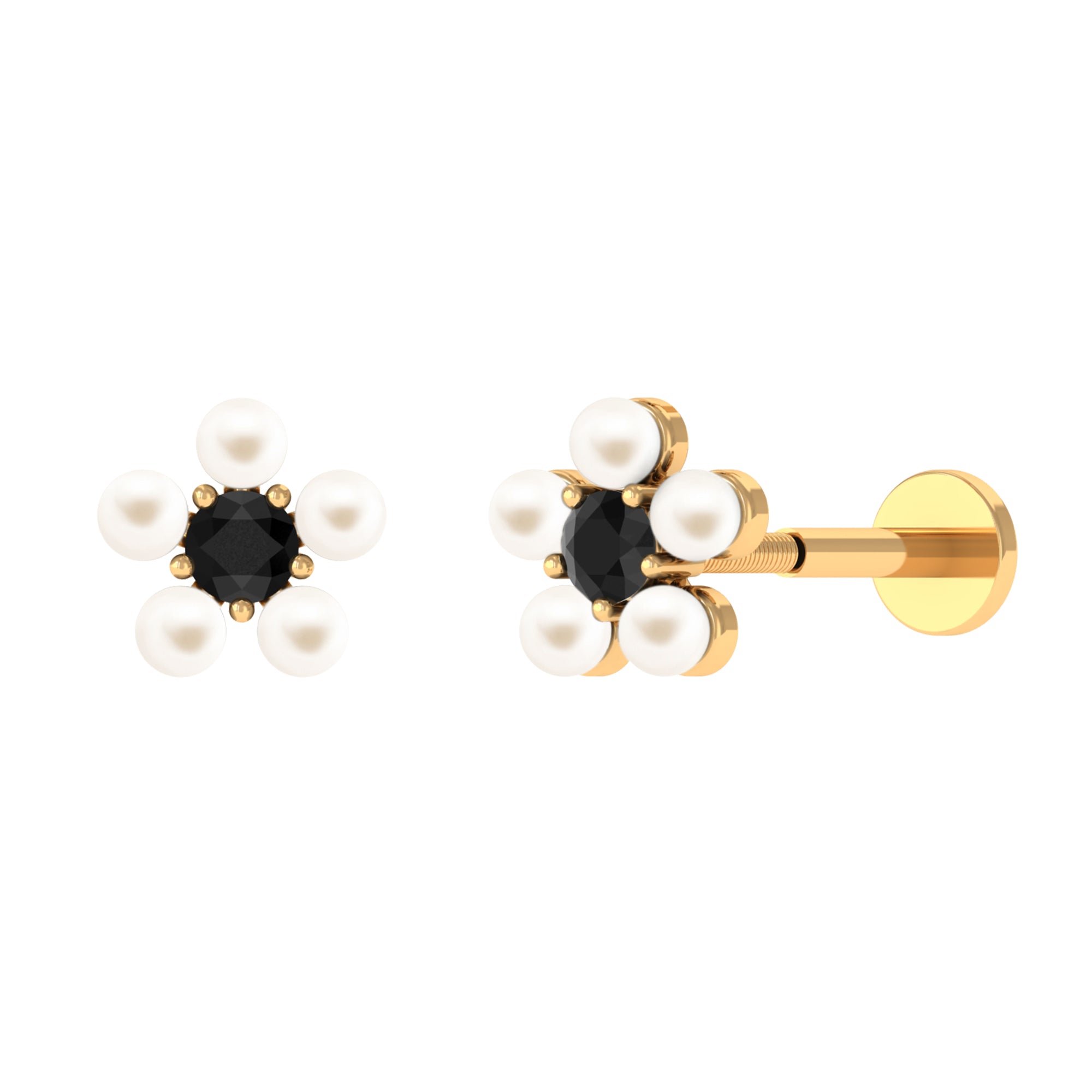 Freshwater Pearl and Black Diamond Flower Earring Black Diamond - ( AAA ) - Quality - Rosec Jewels