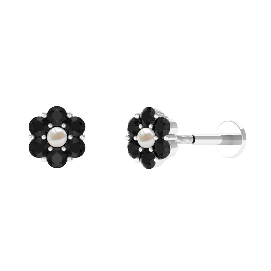 Tiny Black Onyx and Freshwater Pearl Flower Conch Earring Freshwater Pearl - ( AAA ) - Quality - Rosec Jewels
