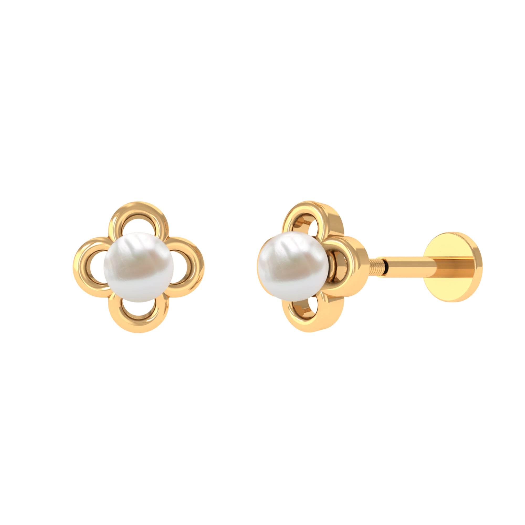 Freshwater Pearl Solitaire Flower Cartilage Earring in Gold Freshwater Pearl - ( AAA ) - Quality - Rosec Jewels