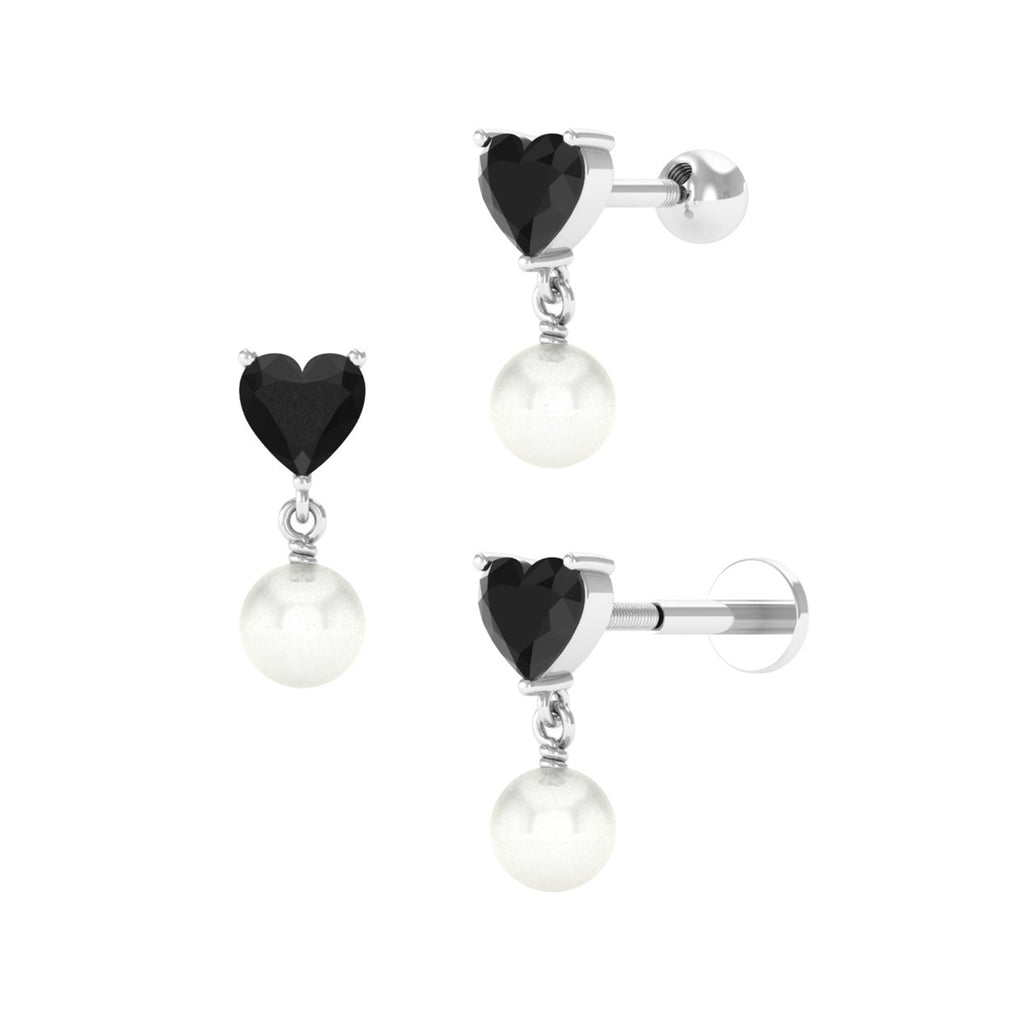 Heart Shape Black Onyx and Freshwater Pearl Helix Drop Earring Black Onyx - ( AAA ) - Quality - Rosec Jewels