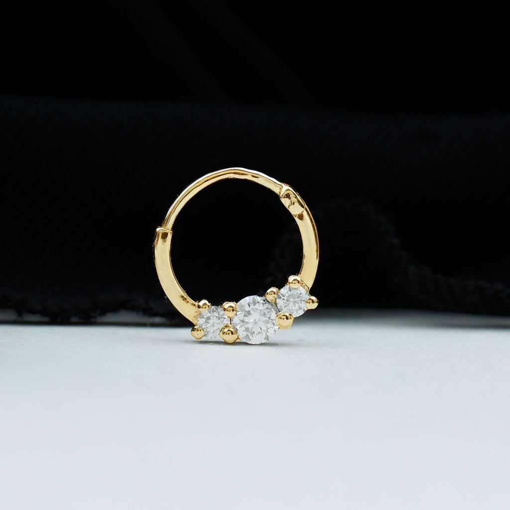 Moissanite 3 Stone Daith Clicker Hoop Earring in Gold Moissanite - ( D-VS1 ) - Color and Clarity - Rosec Jewels