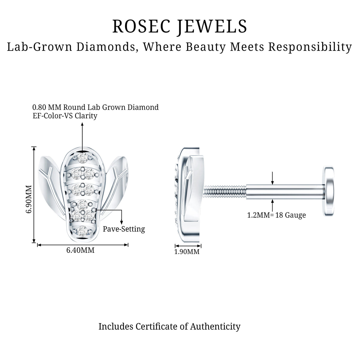 Diamond Bumblebee Earring for Helix Piercing Lab - ( EF-VS ) - Rosec Jewels