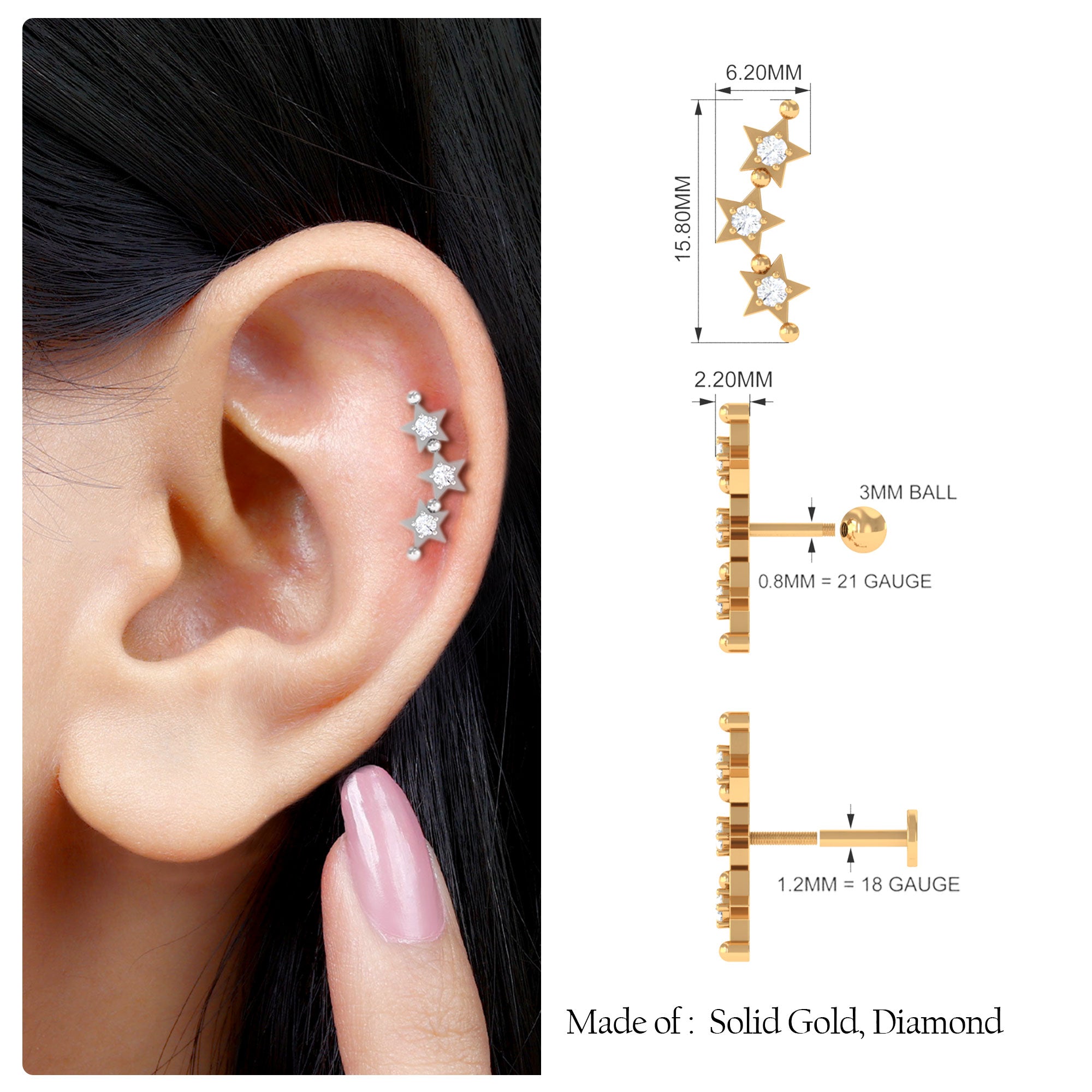 Moissanite Triple Star Ear Climber Earring Moissanite - ( D-VS1 ) - Color and Clarity - Rosec Jewels