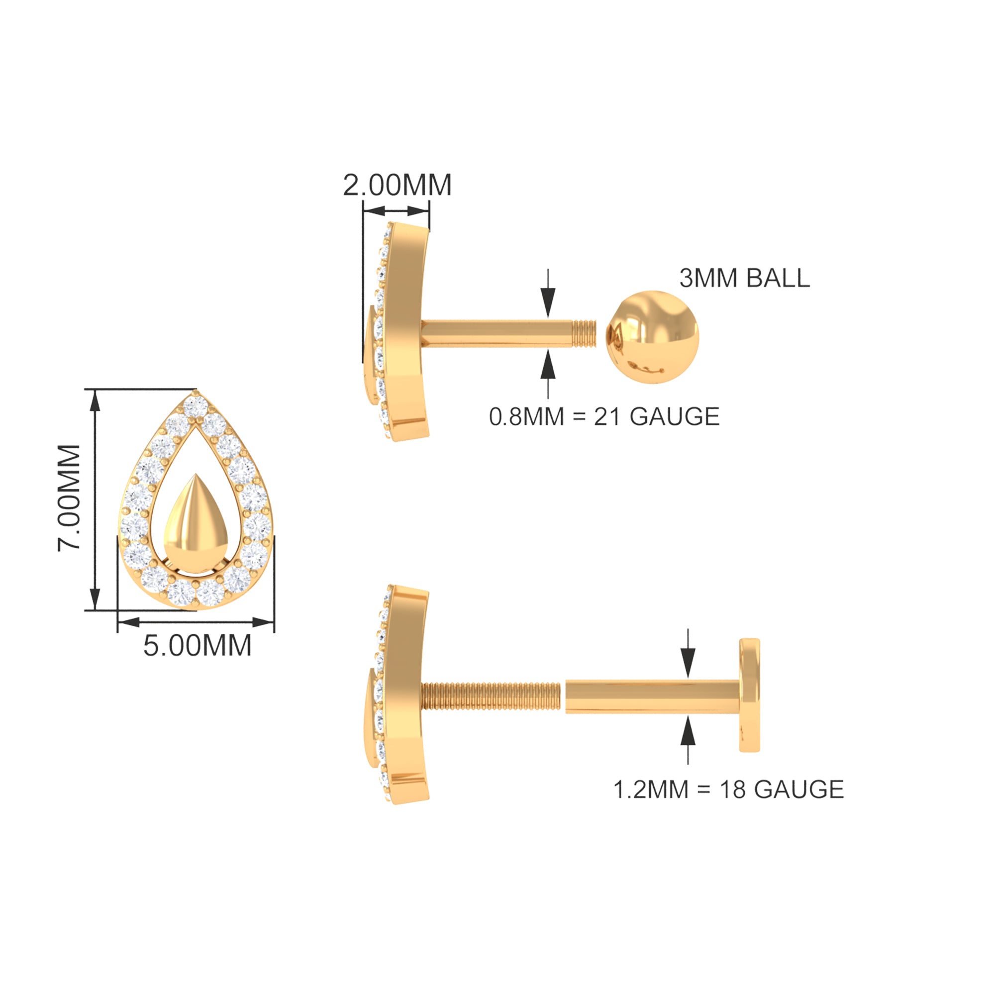 Certified Real Diamond Teardrop Helix Earring Natural - ( HI-SI ) - Rosec Jewels