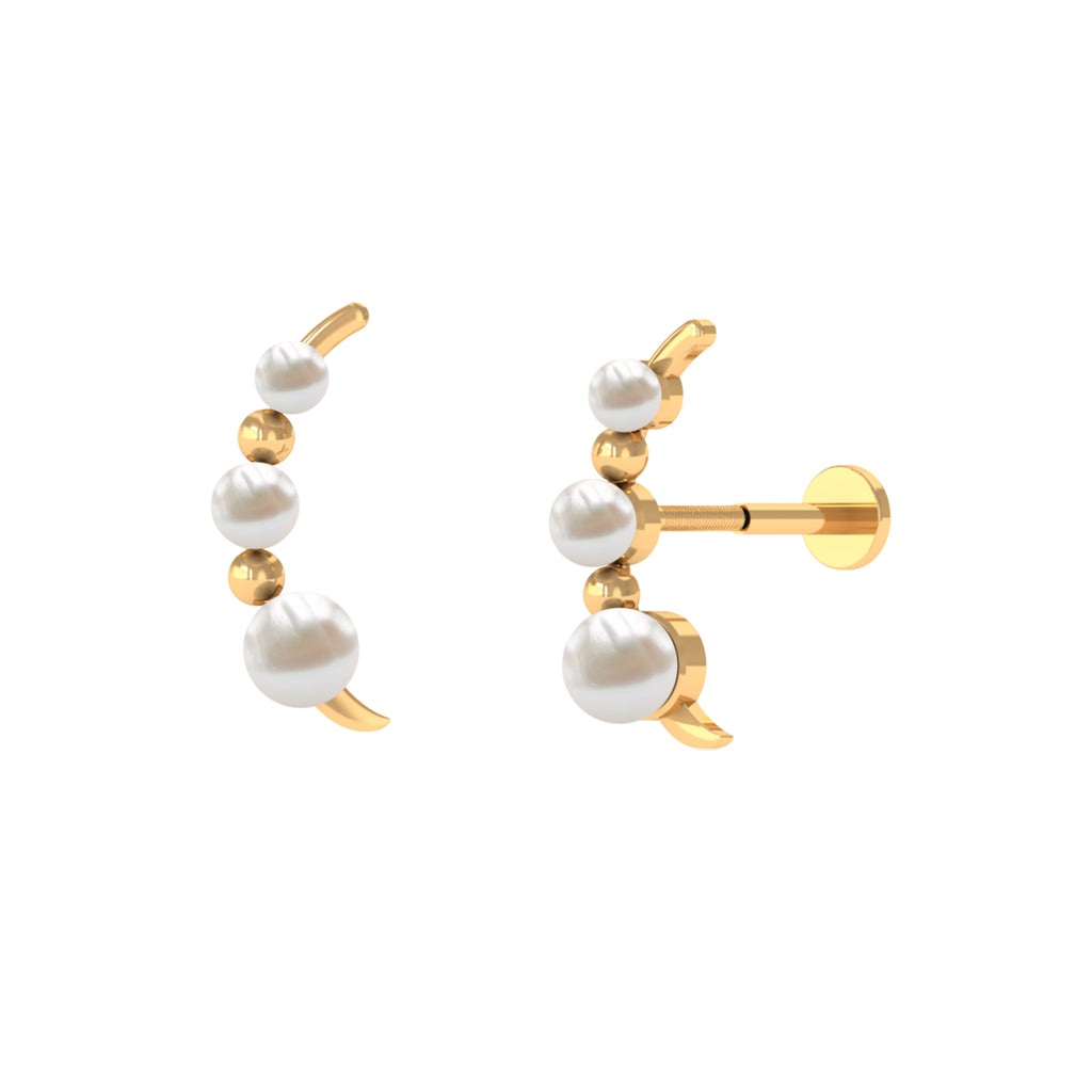 Round Freshwater Pearl Gold Beaded Ear Crawler Earring Freshwater Pearl - ( AAA ) - Quality - Rosec Jewels
