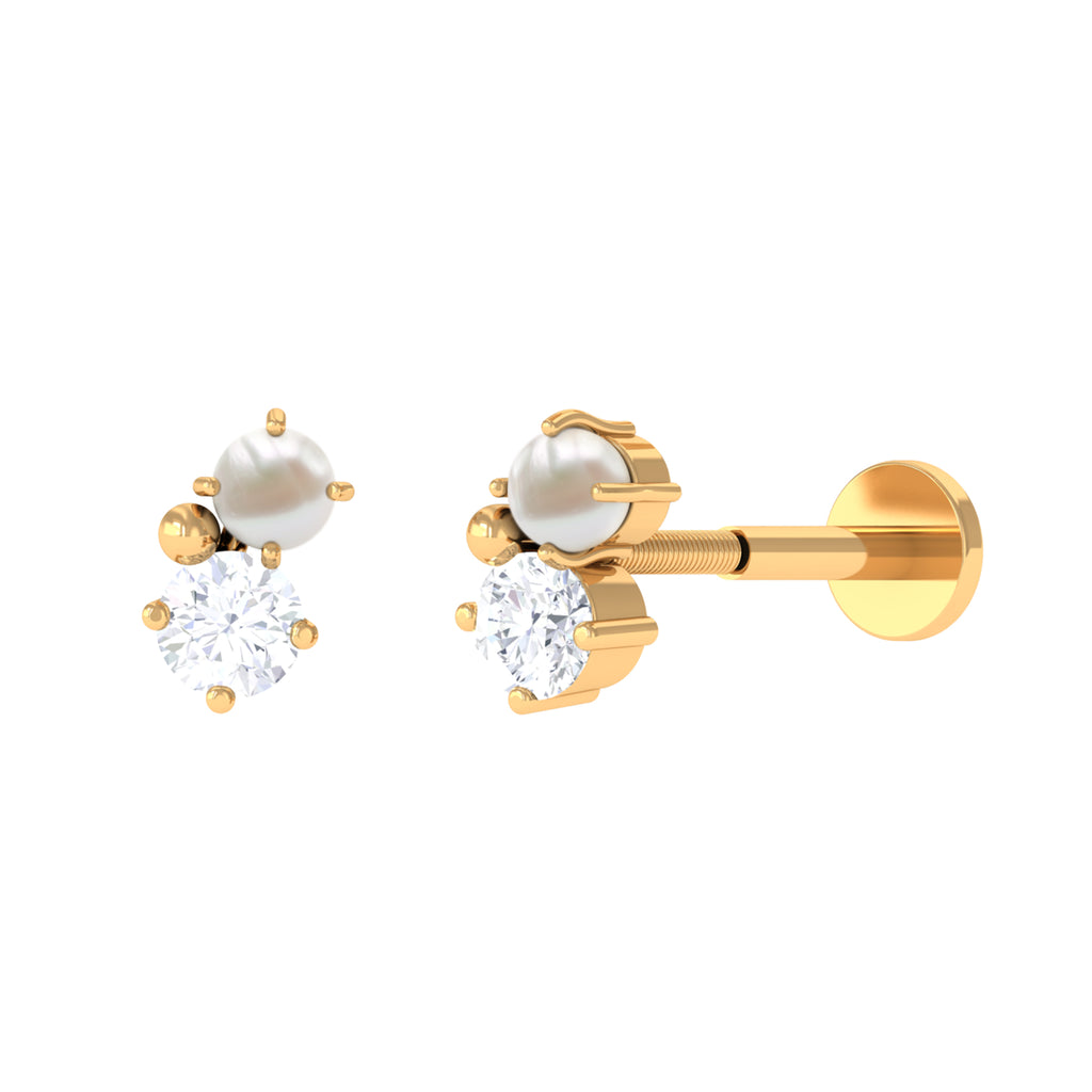 Tiny Freshwater Pearl and Moissanite Two Stone Tragus Earring Freshwater Pearl - ( AAA ) - Quality - Rosec Jewels