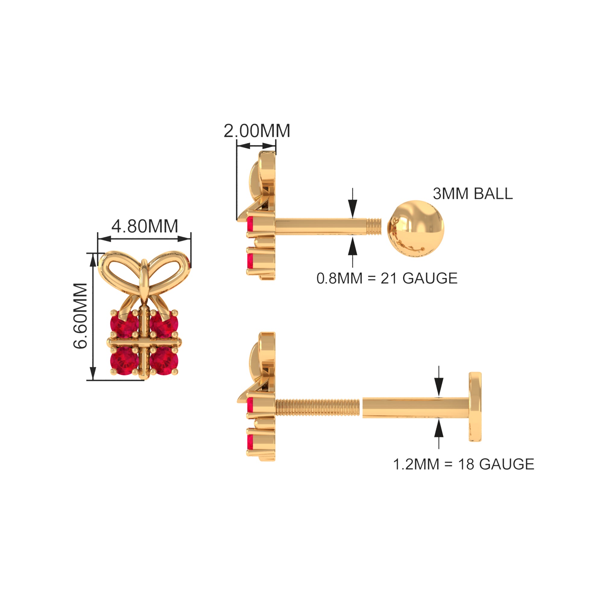 Adorable Created Ruby Gift Box Helix Earring with Gold Bow Lab Created Ruby - ( AAAA ) - Quality - Rosec Jewels