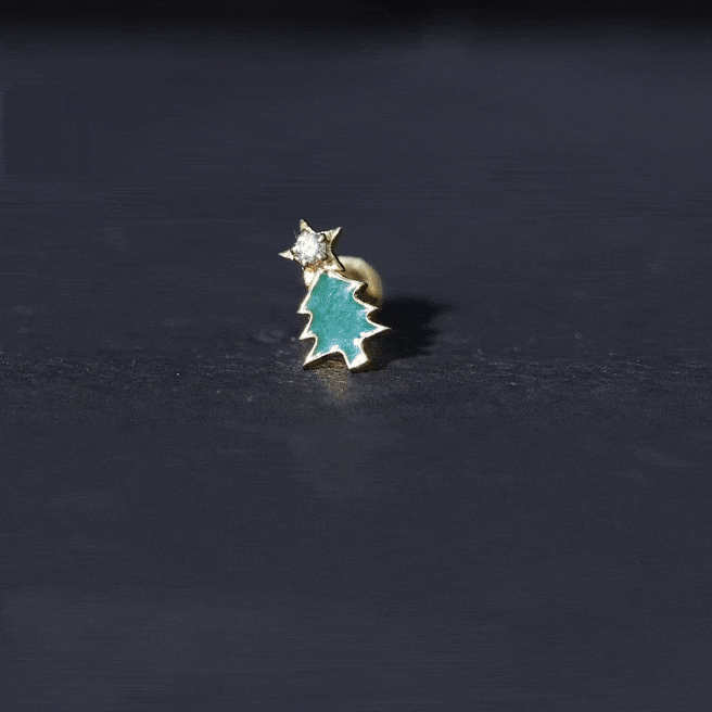 Real Diamond Green Enamel Christmas Tree Cartilage Earring Natural - ( HI-SI ) - Rosec Jewels