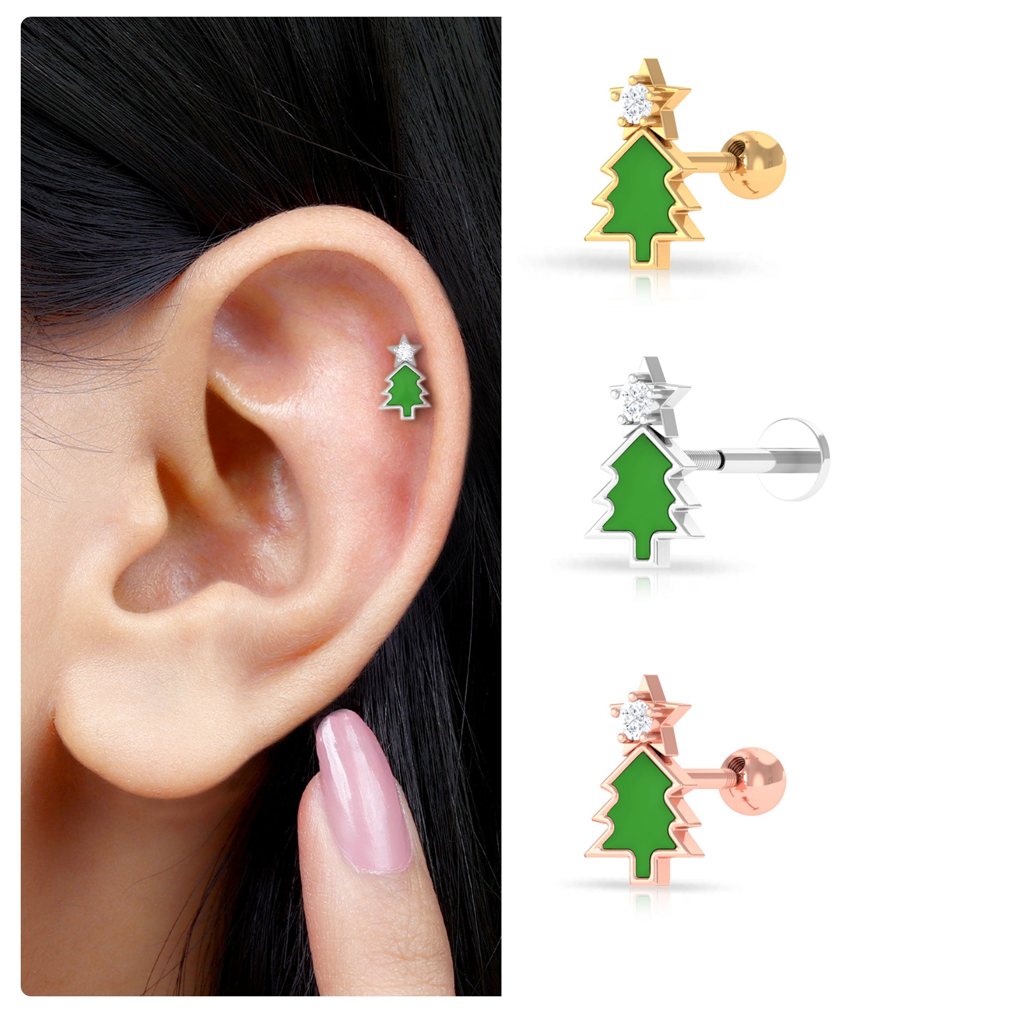 Real Diamond Green Enamel Christmas Tree Cartilage Earring Natural - ( HI-SI ) - Rosec Jewels