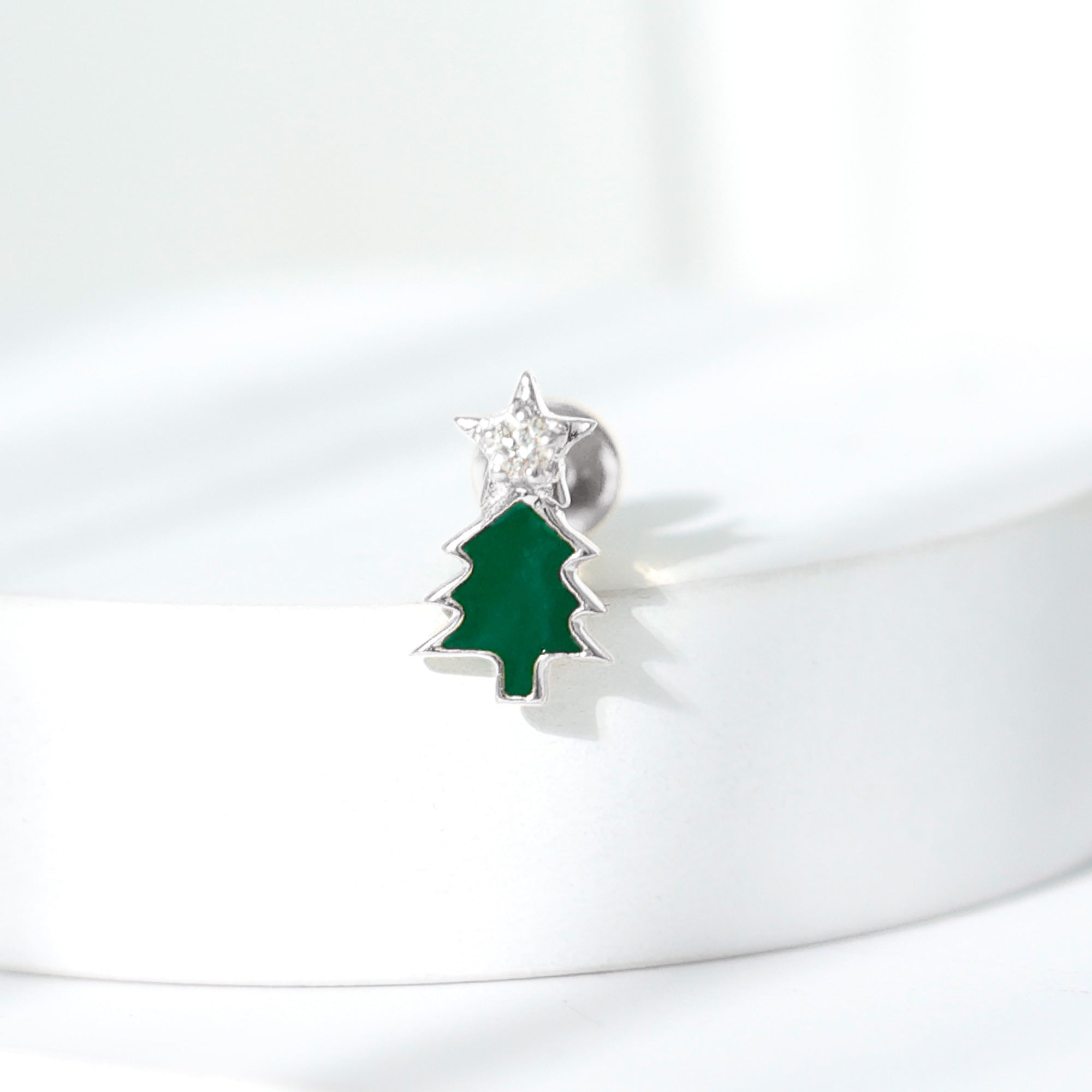 Real Diamond Green Enamel Christmas Tree Cartilage Earring Natural - ( HI-SI ) - Rosec Jewels