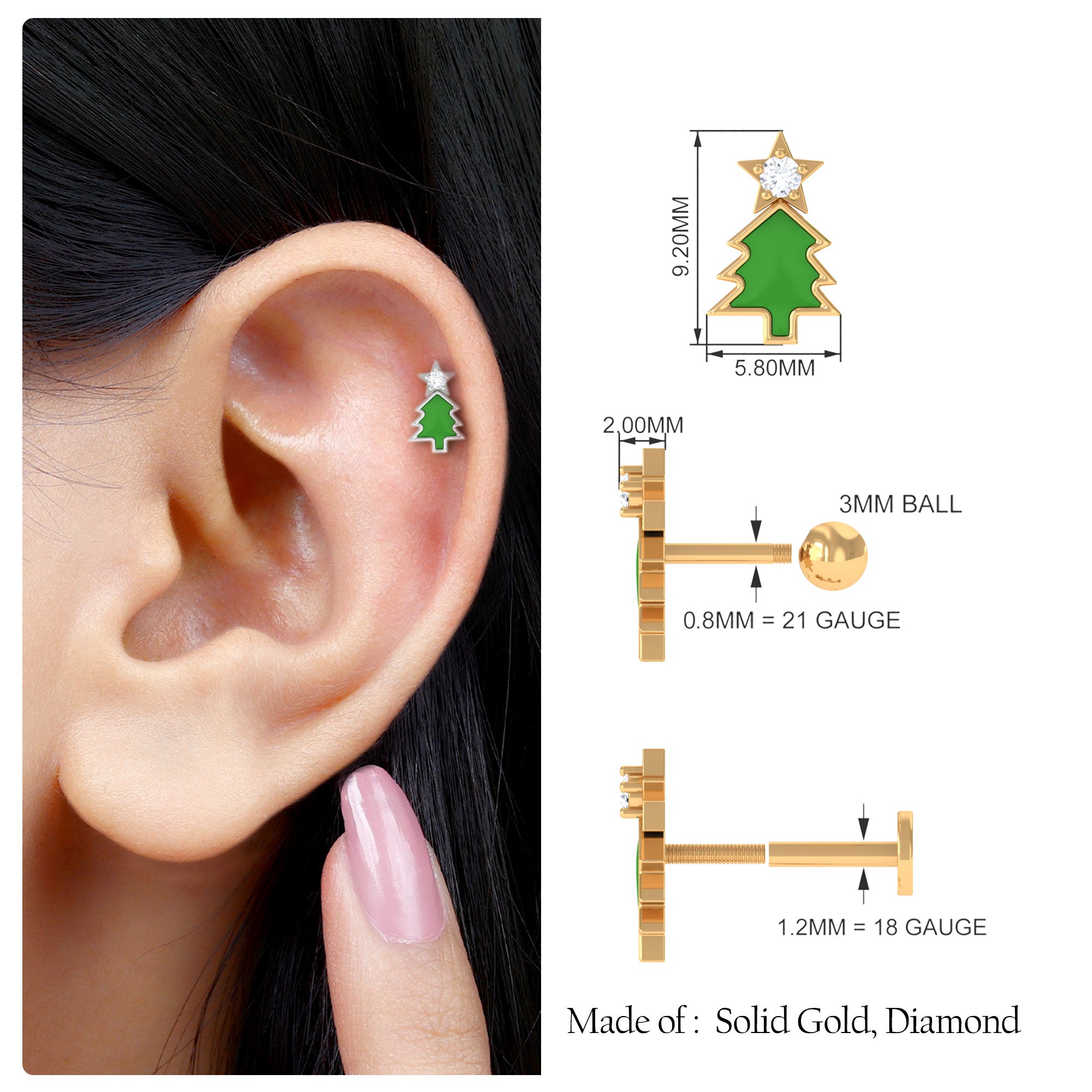 Real Diamond Green Enamel Christmas Tree Cartilage Earring Natural - ( HI-SI ) - Rosec Jewels